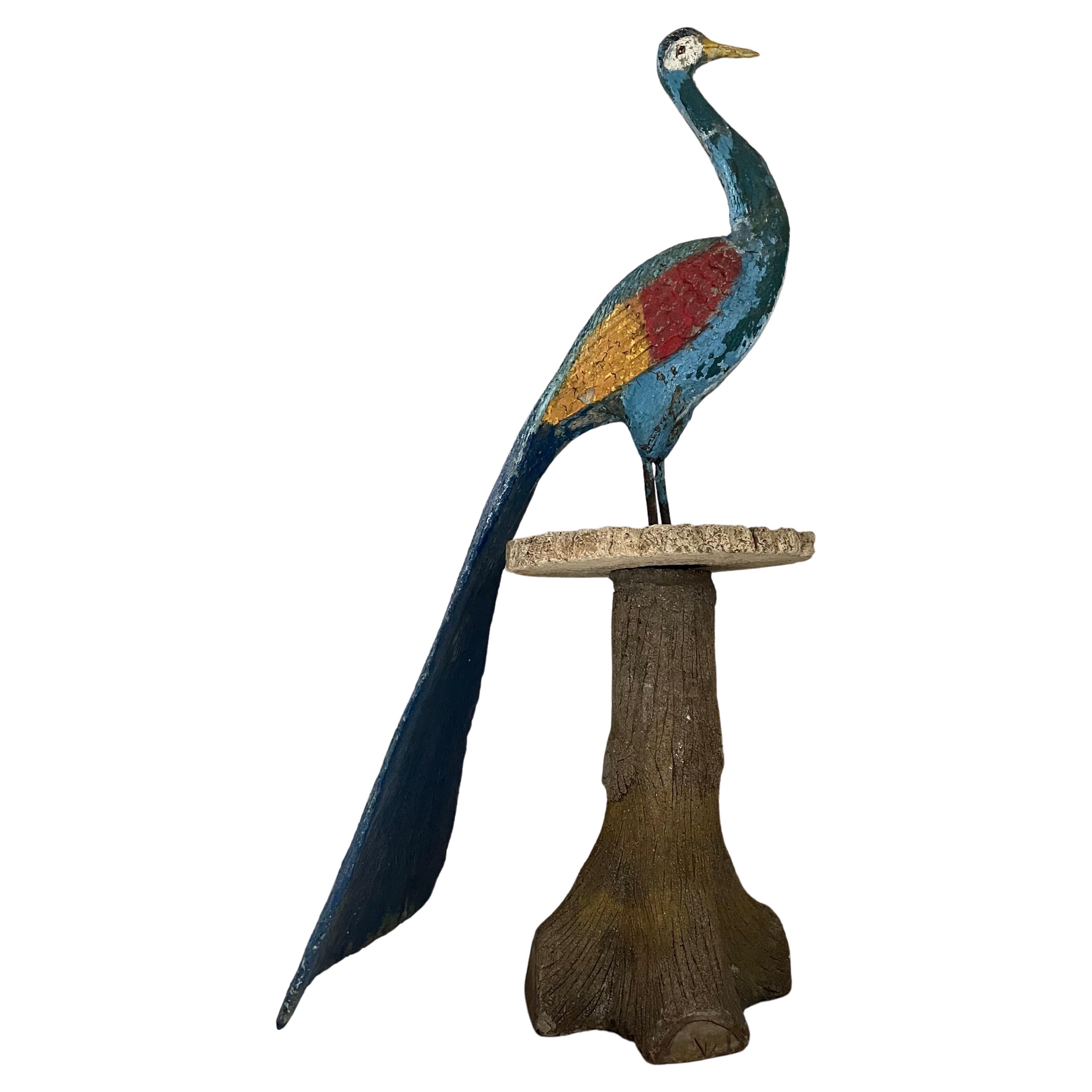Outstanding French "Art Populaire" Life-Sized Peacock on Faux Bois Table For Sale