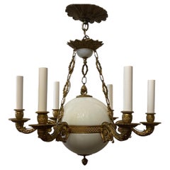 Outstanding French Empire Gilt Dore Bronze Ormolu White Opaline Glass Chandelier