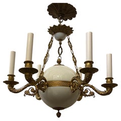 Outstanding French Empire Gilt Dore Bronze Ormolu White Opaline Glass Chandelier