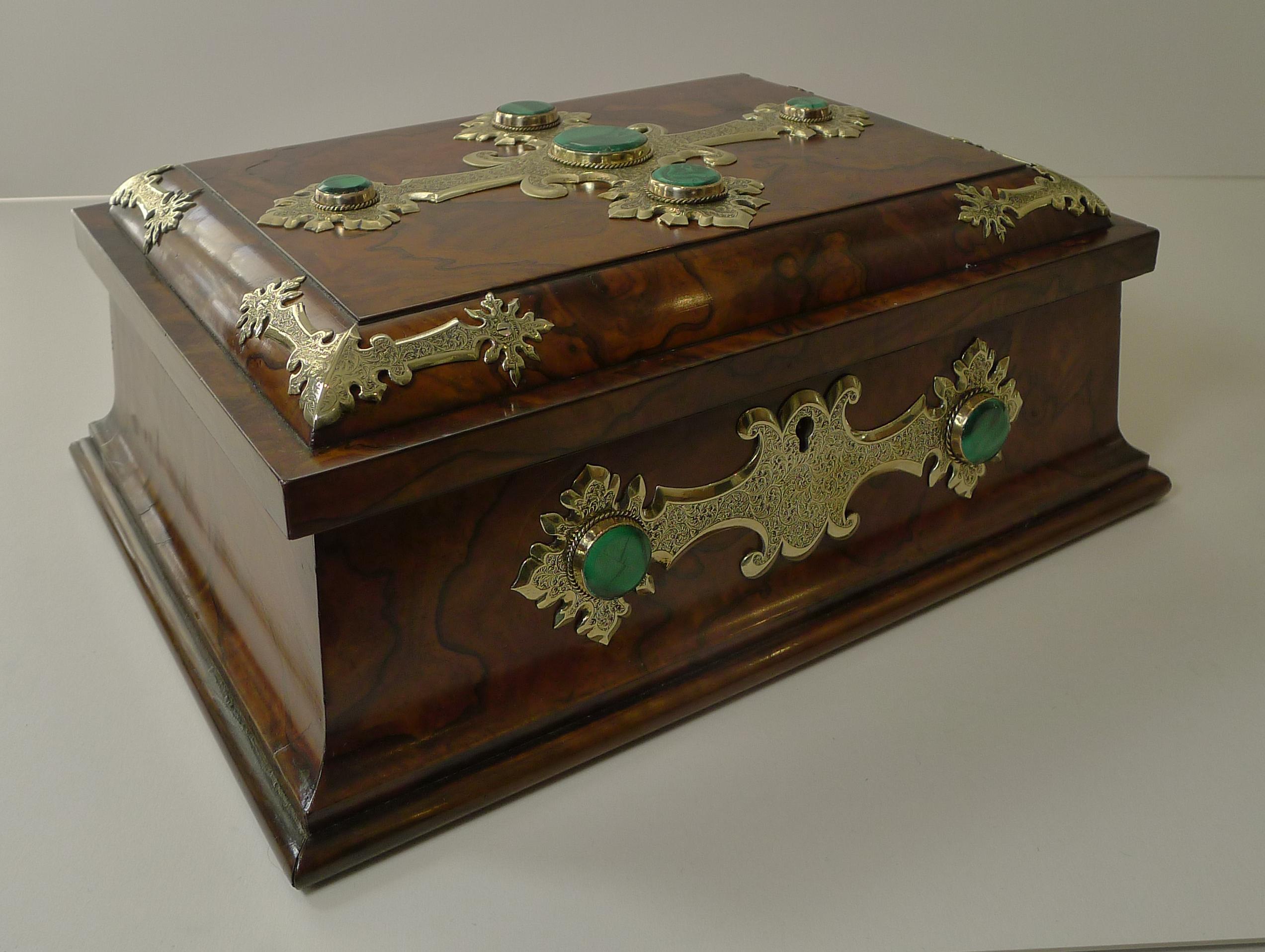 Late Victorian Outstanding Games Box in Burl Walnut, Brass and Malachite, c.1880 For Sale