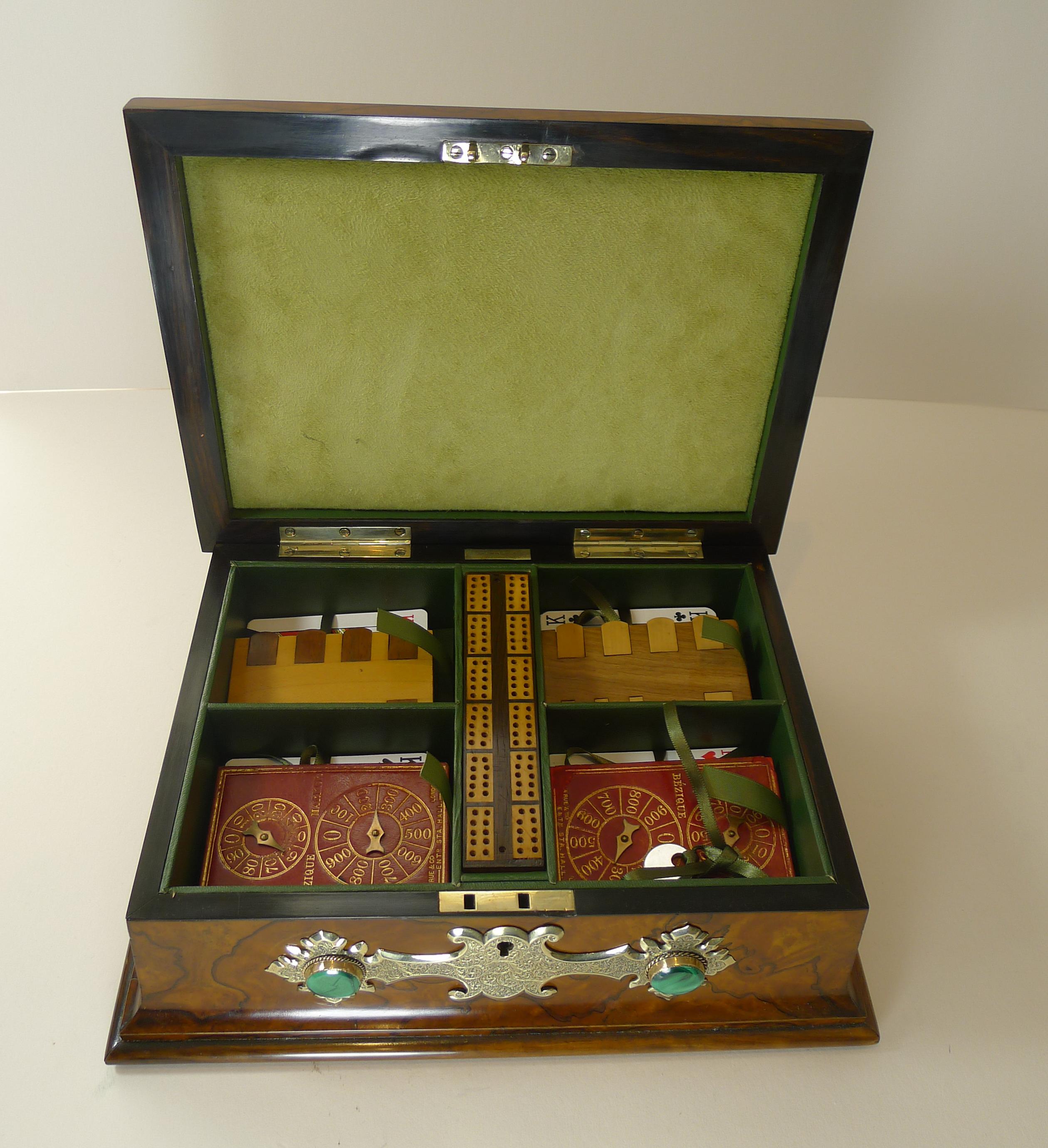 British Outstanding Games Box in Burl Walnut, Brass and Malachite, c.1880 For Sale