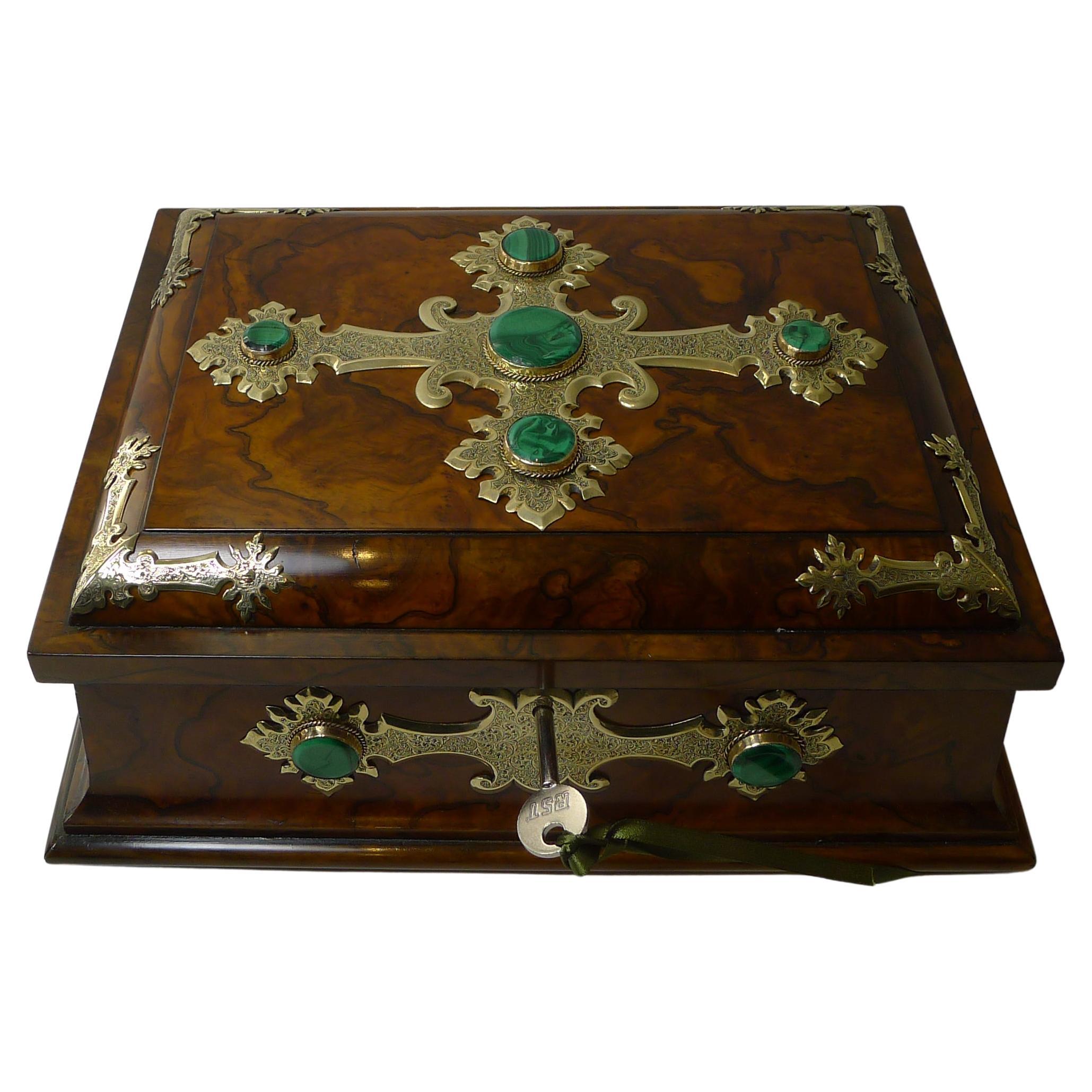 Outstanding Games Box in Burl Walnut, Brass and Malachite, c.1880 For Sale