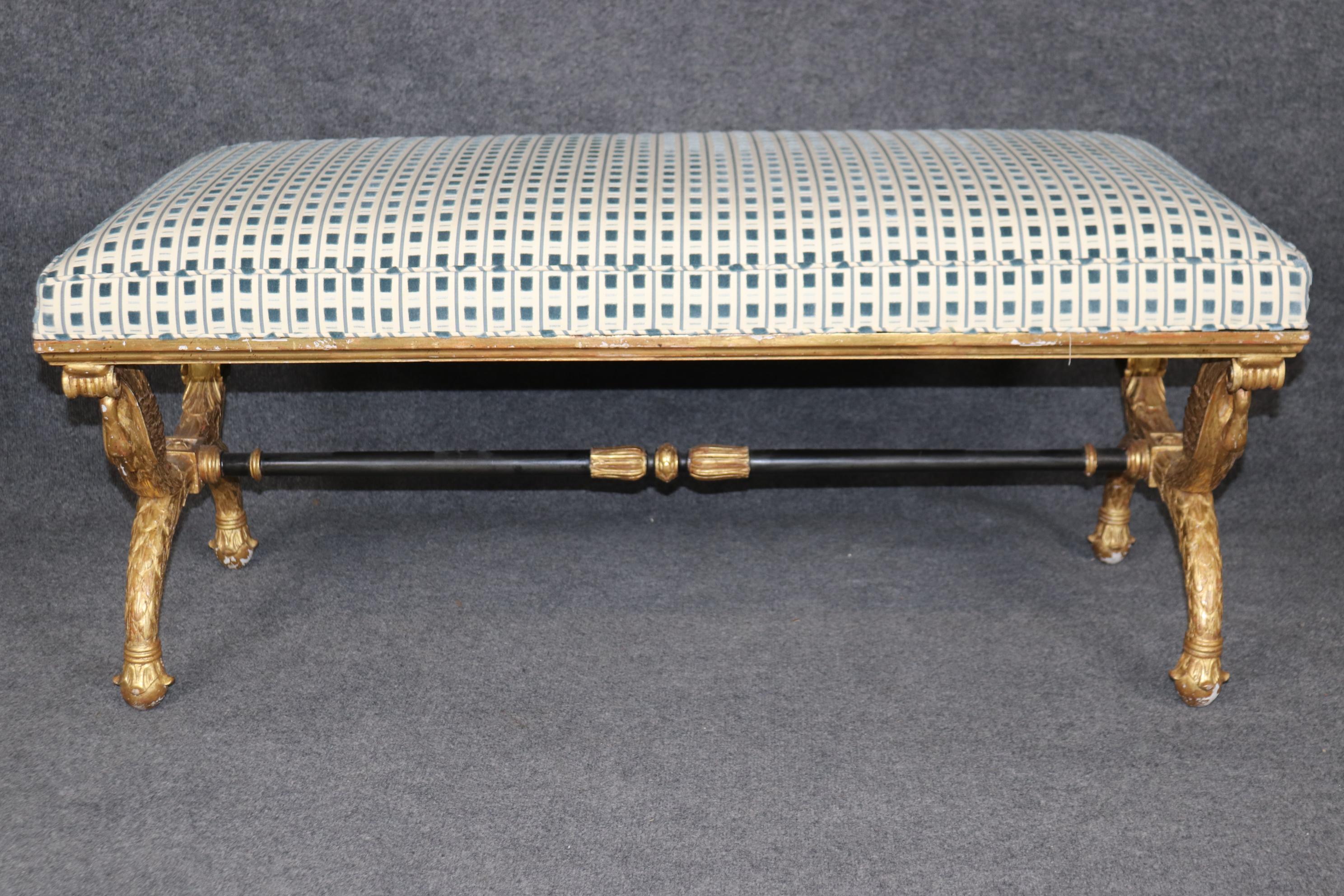Gold Leaf Outstanding Gilded Swan Carved French Directoire Style Rectangular Window Bench For Sale
