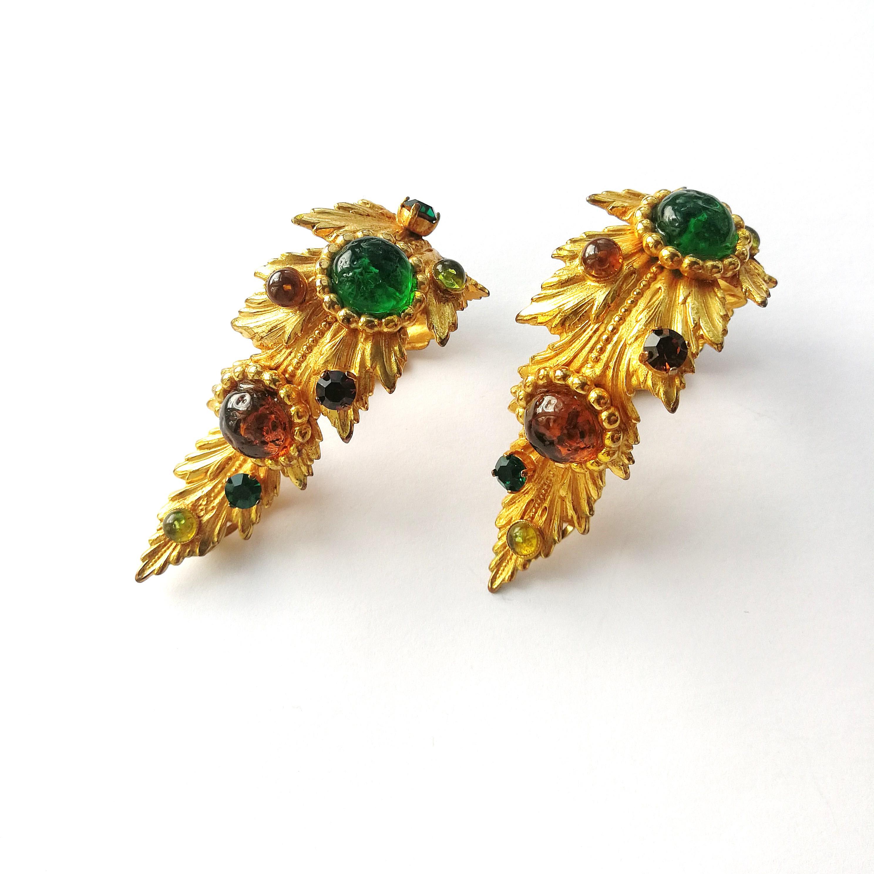 Baroque Outstanding gilt metal and jewelled 'leaf' earrings, Dominique Aurientis, 1980s