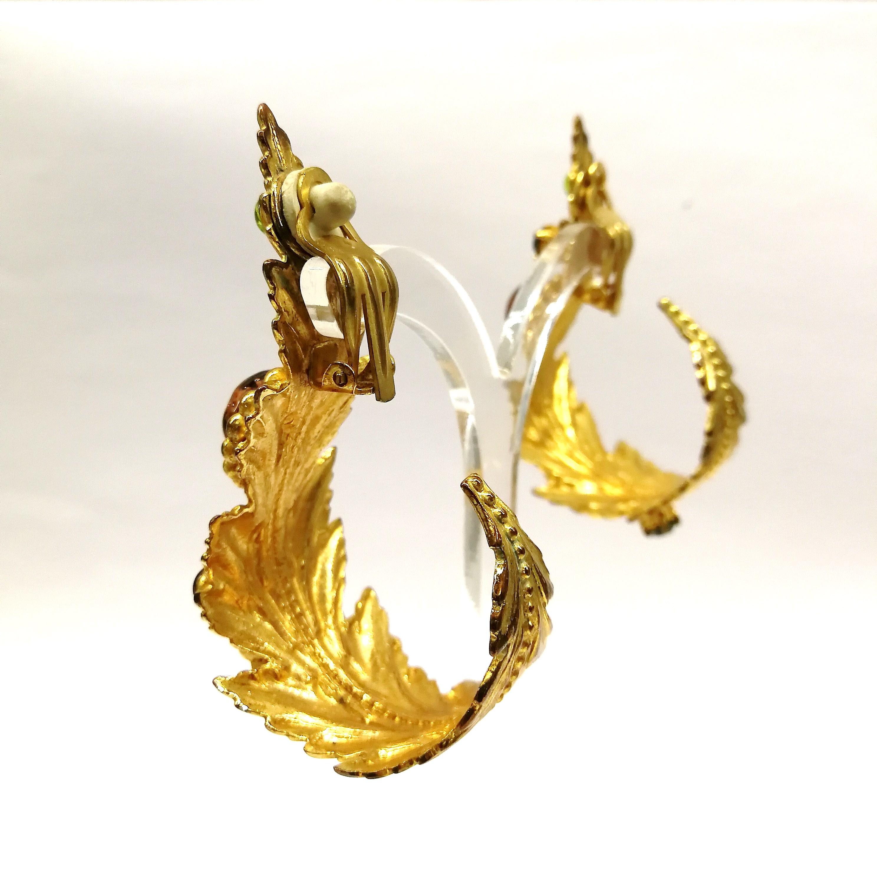 Outstanding gilt metal and jewelled 'leaf' earrings, Dominique Aurientis, 1980s In Excellent Condition In Greyabbey, County Down