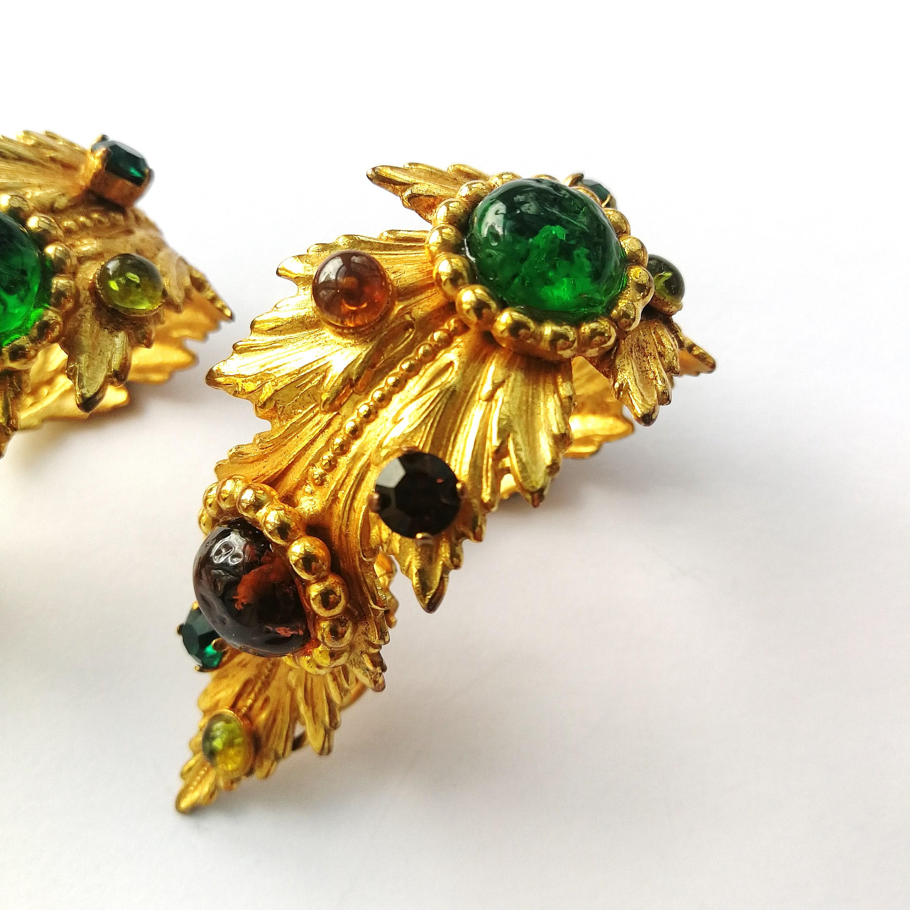 Women's Outstanding gilt metal and jewelled 'leaf' earrings, Dominique Aurientis, 1980s