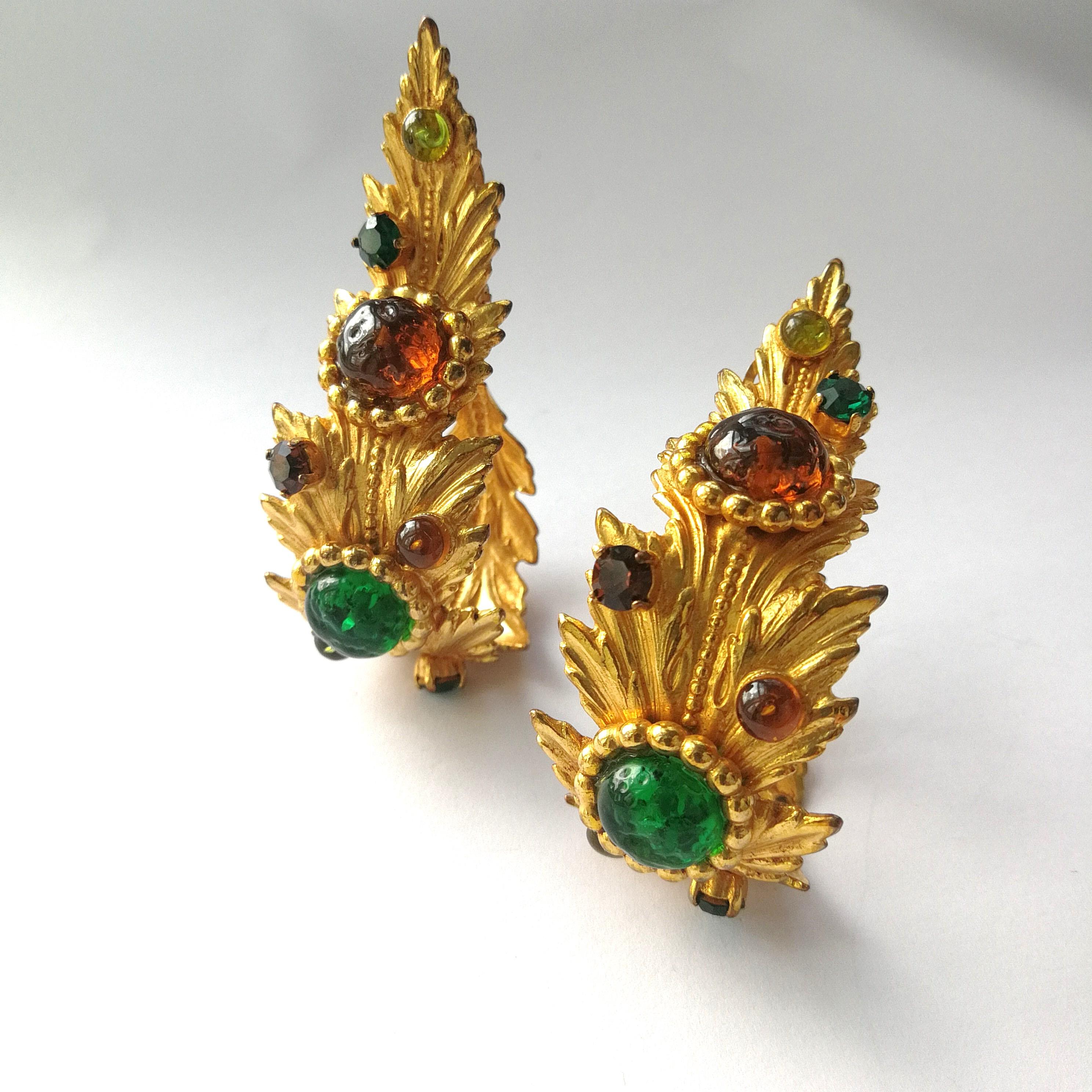 Outstanding gilt metal and jewelled 'leaf' earrings, Dominique Aurientis, 1980s 4