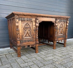 Outstanding Gothic Revival Desk w. Quality Carved Church Window Panels & Guards