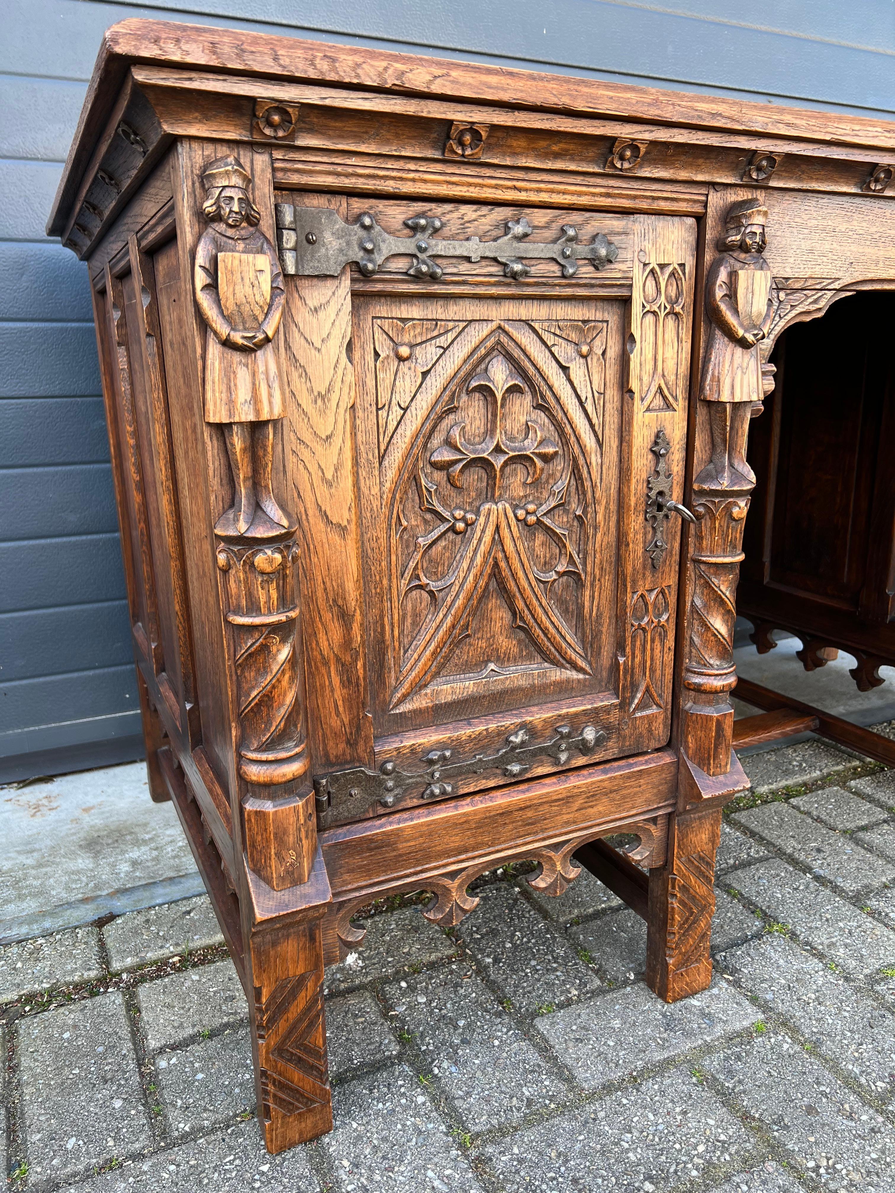 Hand-Crafted Outstanding Gothic Revival Desk w. Quality Carved Church Window Panels & Guards