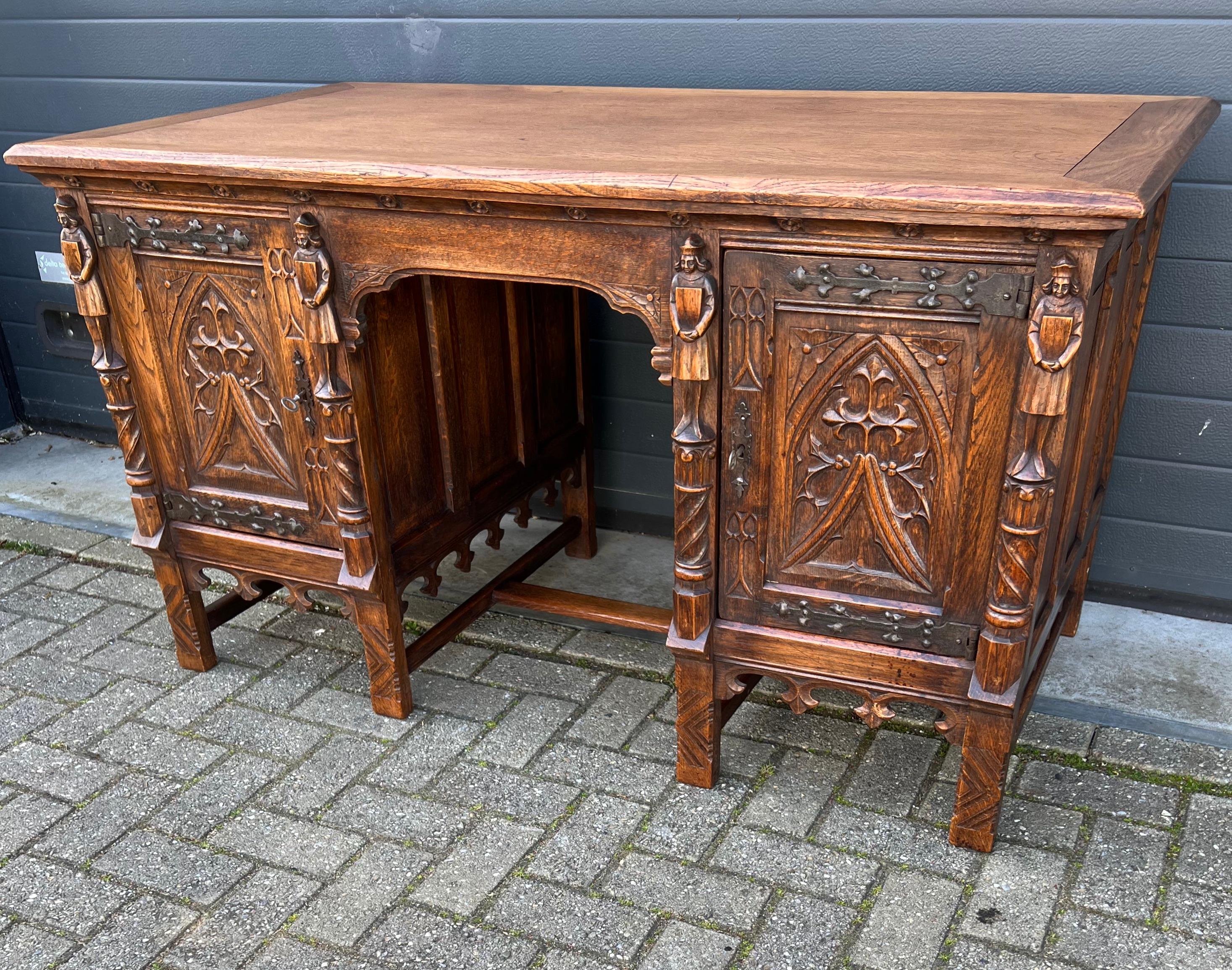20th Century Outstanding Gothic Revival Desk w. Quality Carved Church Window Panels & Guards