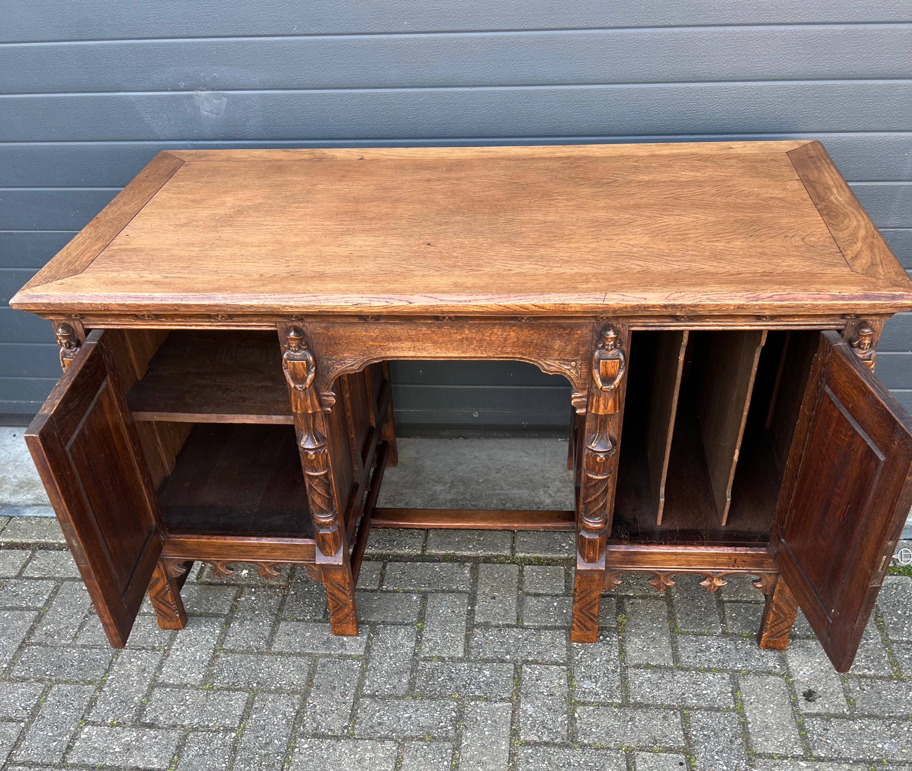 Wrought Iron Outstanding Gothic Revival Desk w. Quality Carved Church Window Panels & Guards