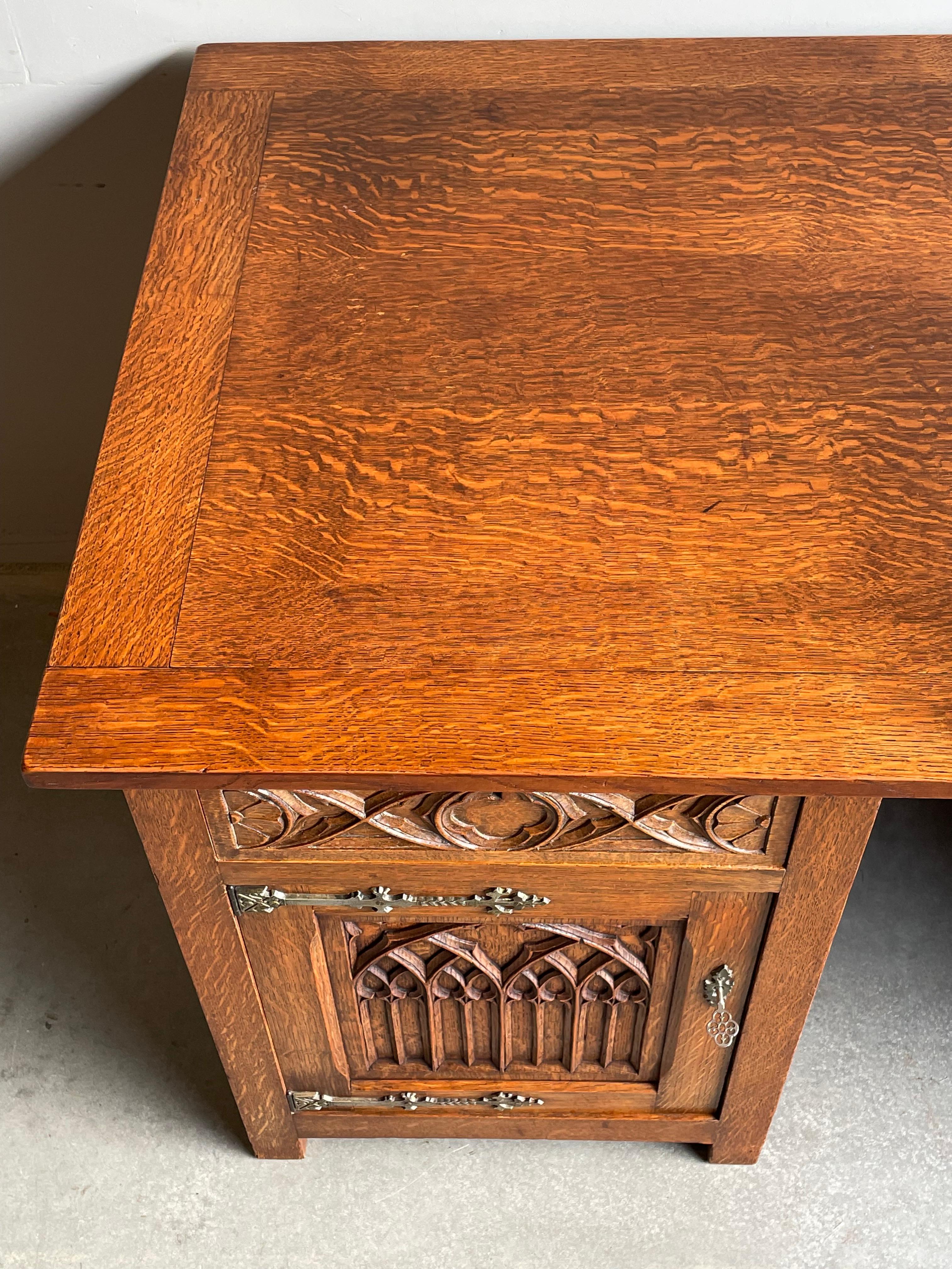 Brass Outstanding Gothic Revival Tiger Oak Desk w. Quality Carved Church Window Panels For Sale