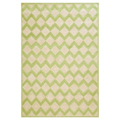 Magnifique tapis contemporain en coton crocheté de couleur verte à motif Zig Zag