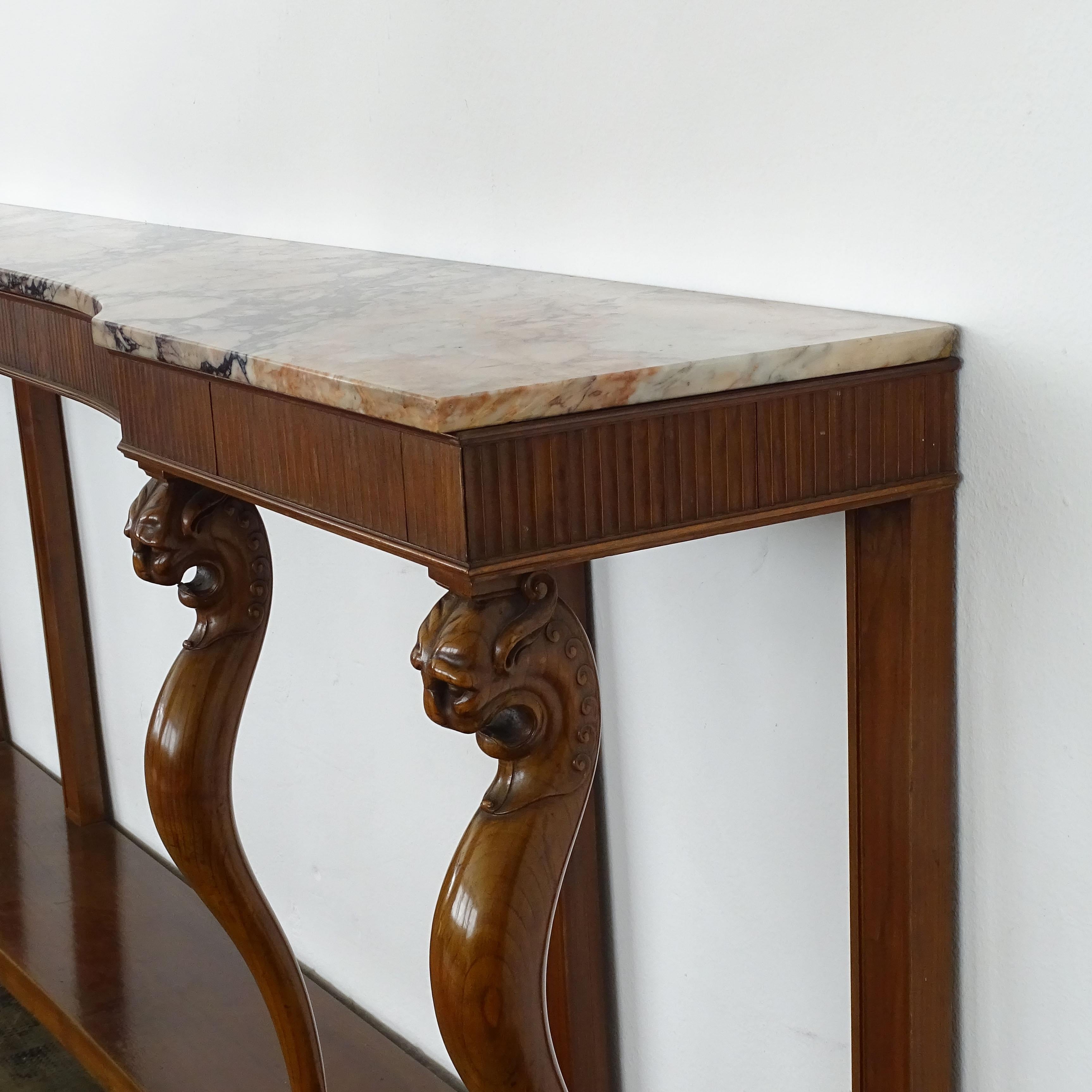 Italian 1920s Art Deco console with feline sculpted legs and marble top For Sale 1
