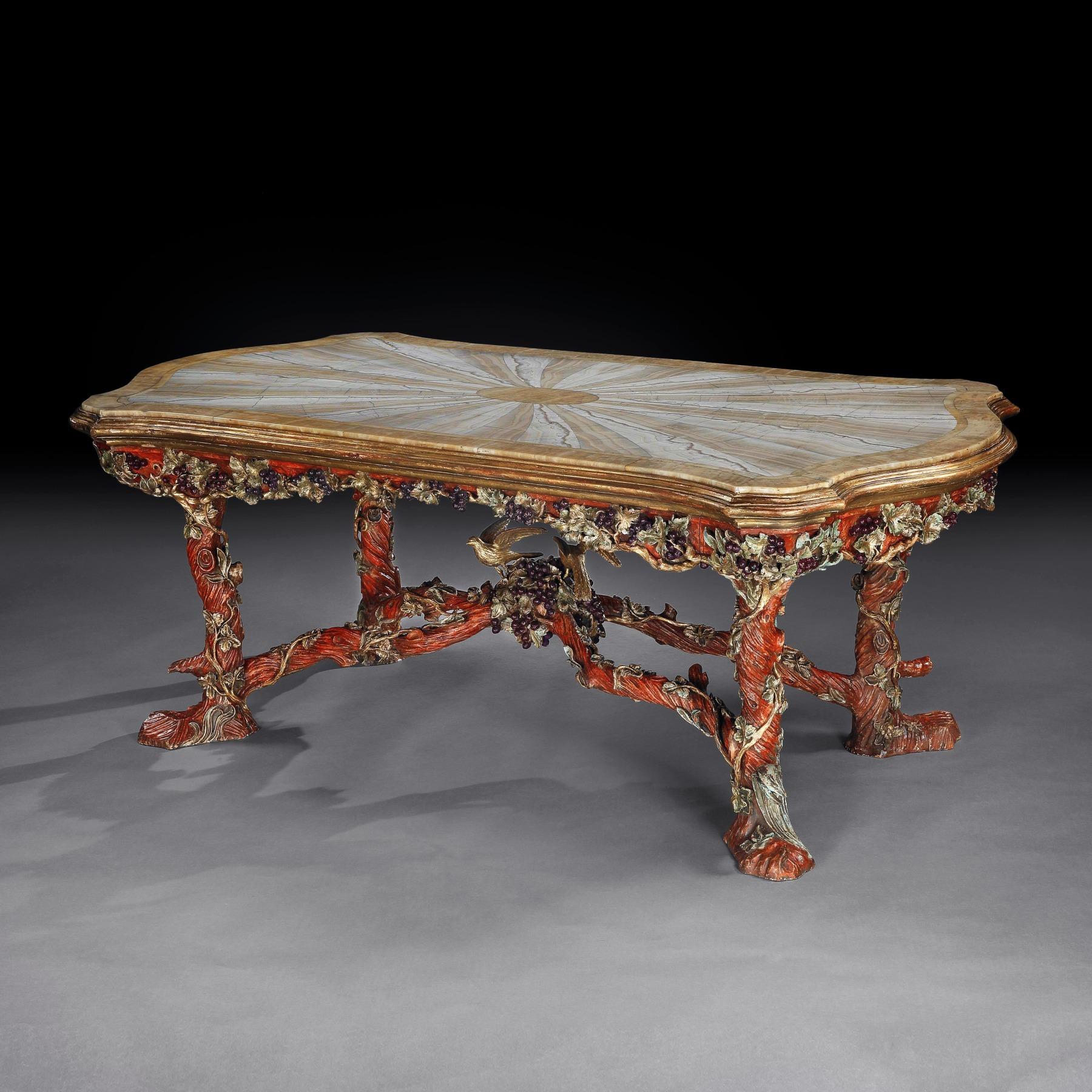 Exceptionnelle table centrale polychrome italienne en bois sculpté avec plateau en onyx par Amulet Bon état - En vente à Benington, Herts