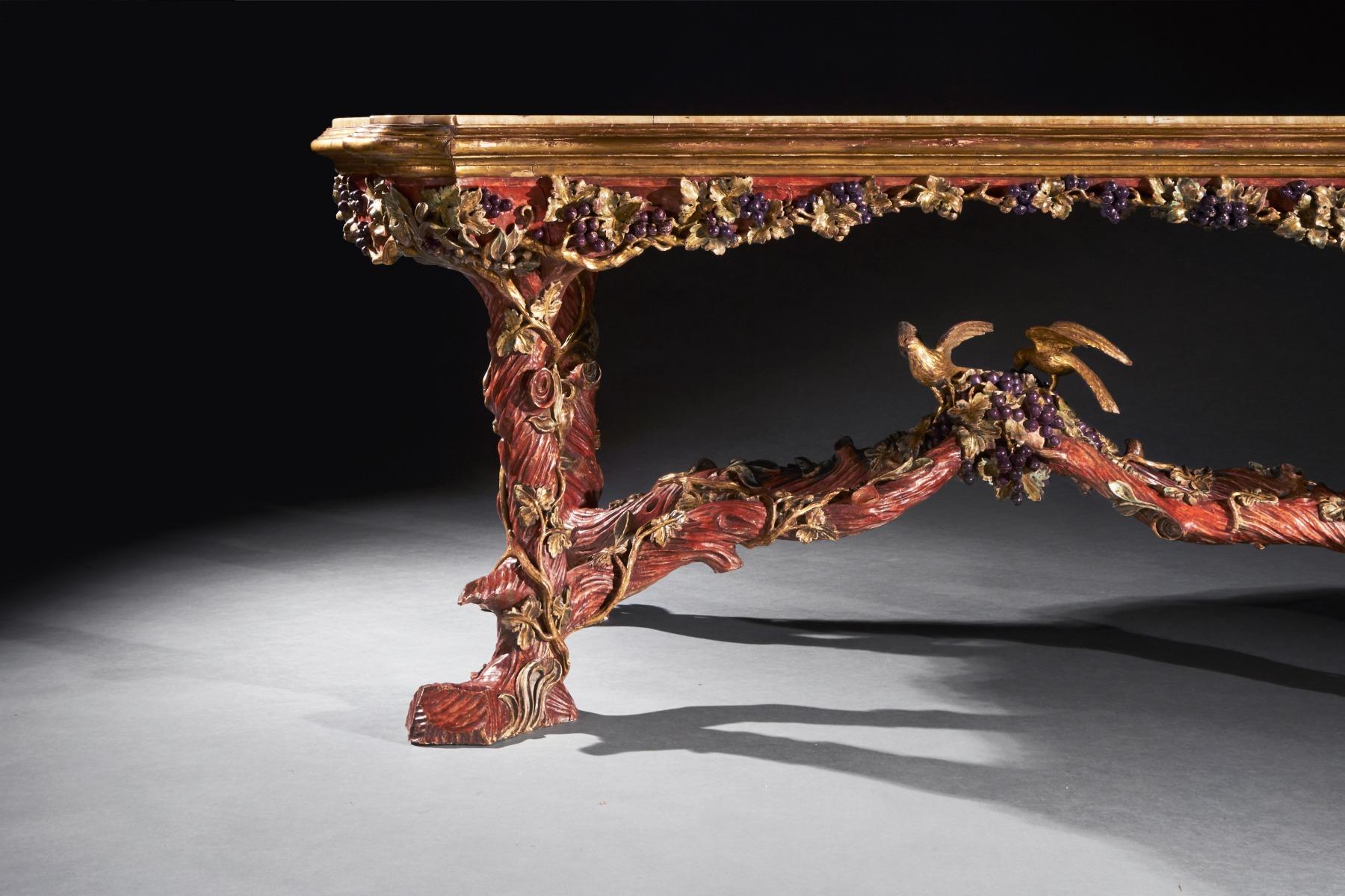 20ième siècle Exceptionnelle table centrale polychrome italienne en bois sculpté avec plateau en onyx par Amulet  en vente