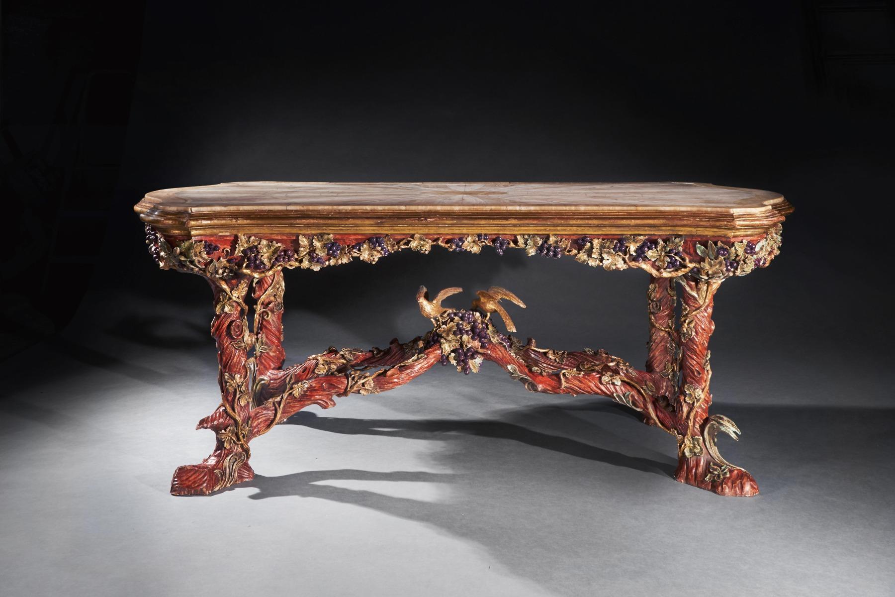 Outstanding Italian Carved Wood Polychrome Centre Table with Onyx Top by Amulet  For Sale 4