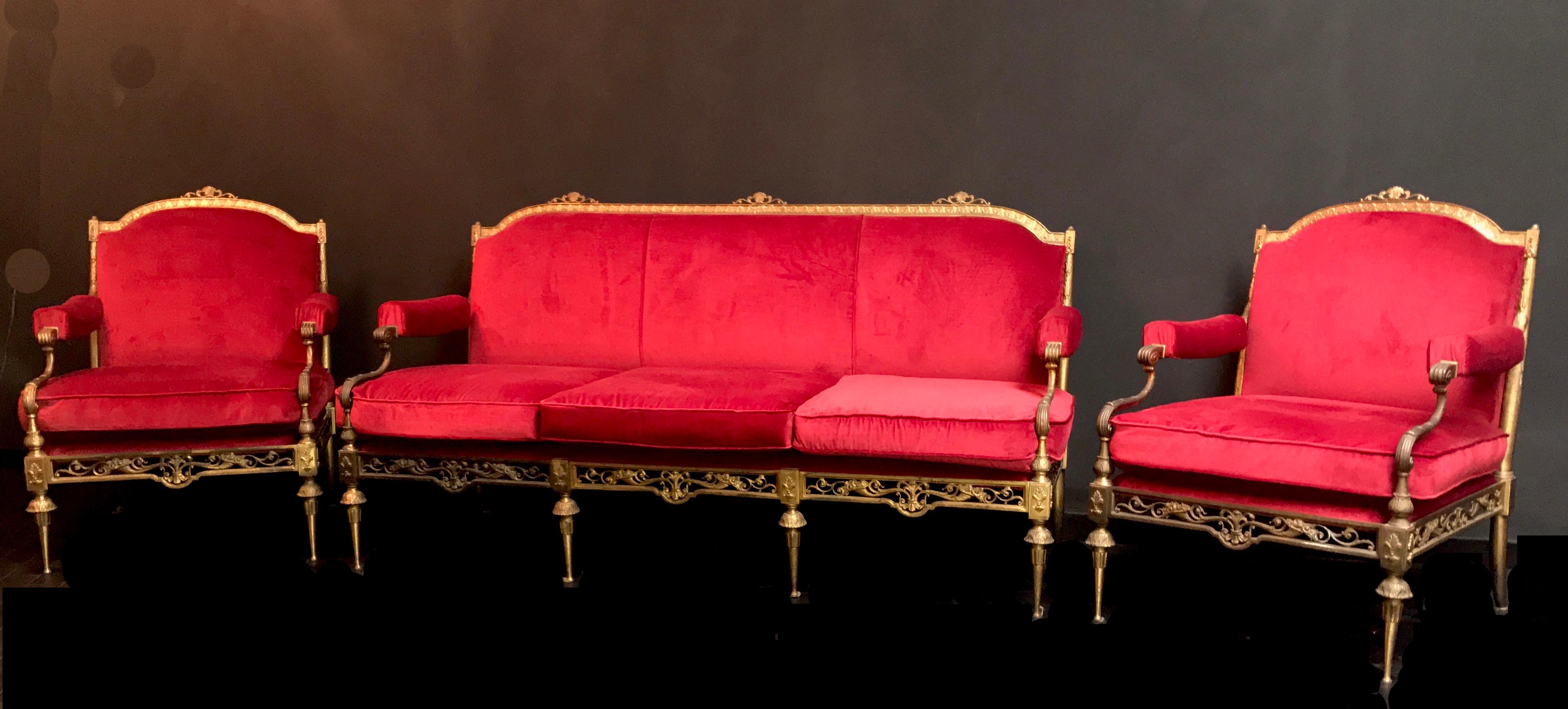 Outstanding Italian Midcentury Brass and Red Velvet Living Room Set, 1950 5