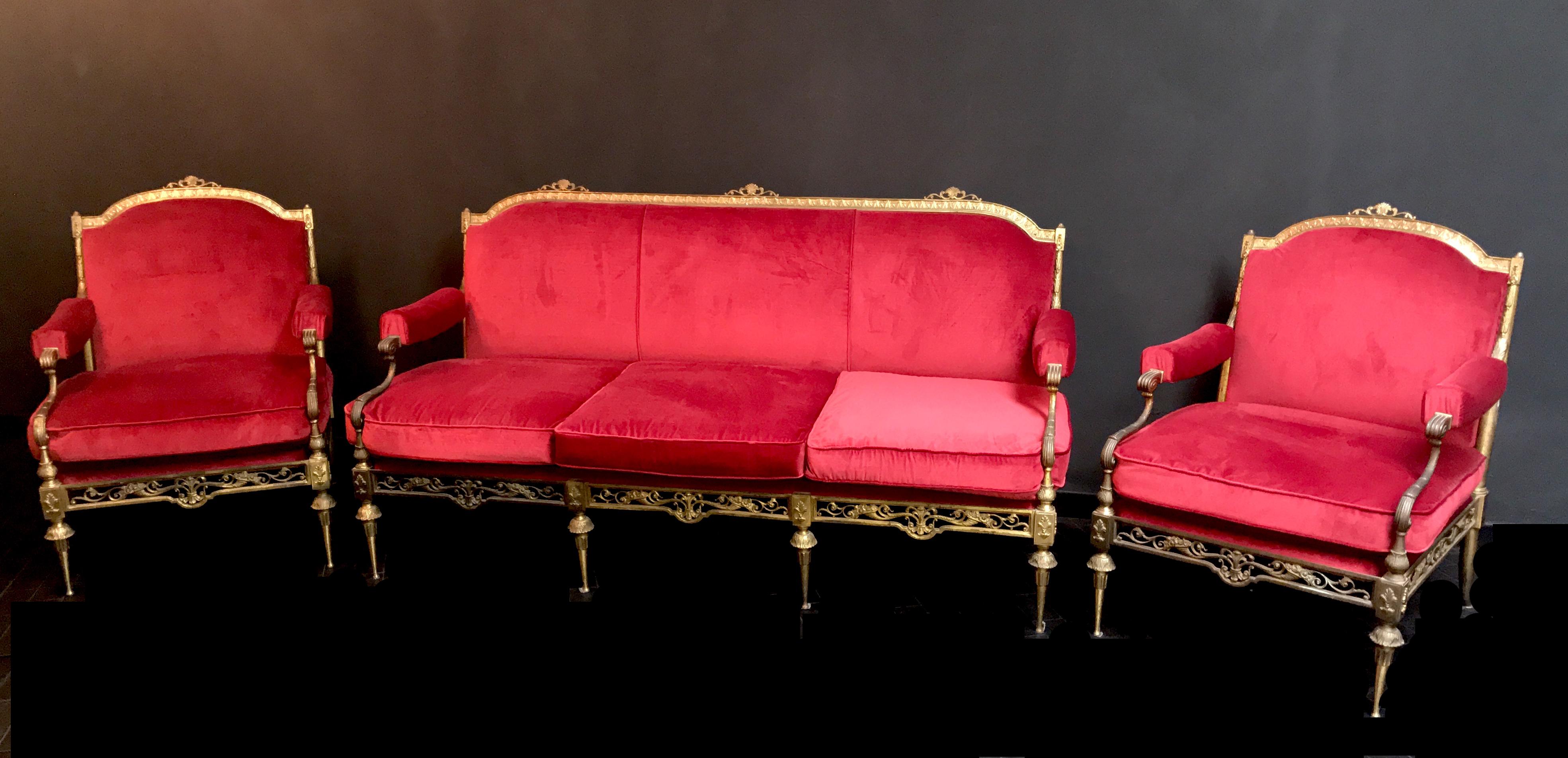 Outstanding Italian Midcentury Brass and Red Velvet Living Room Set, 1950 2