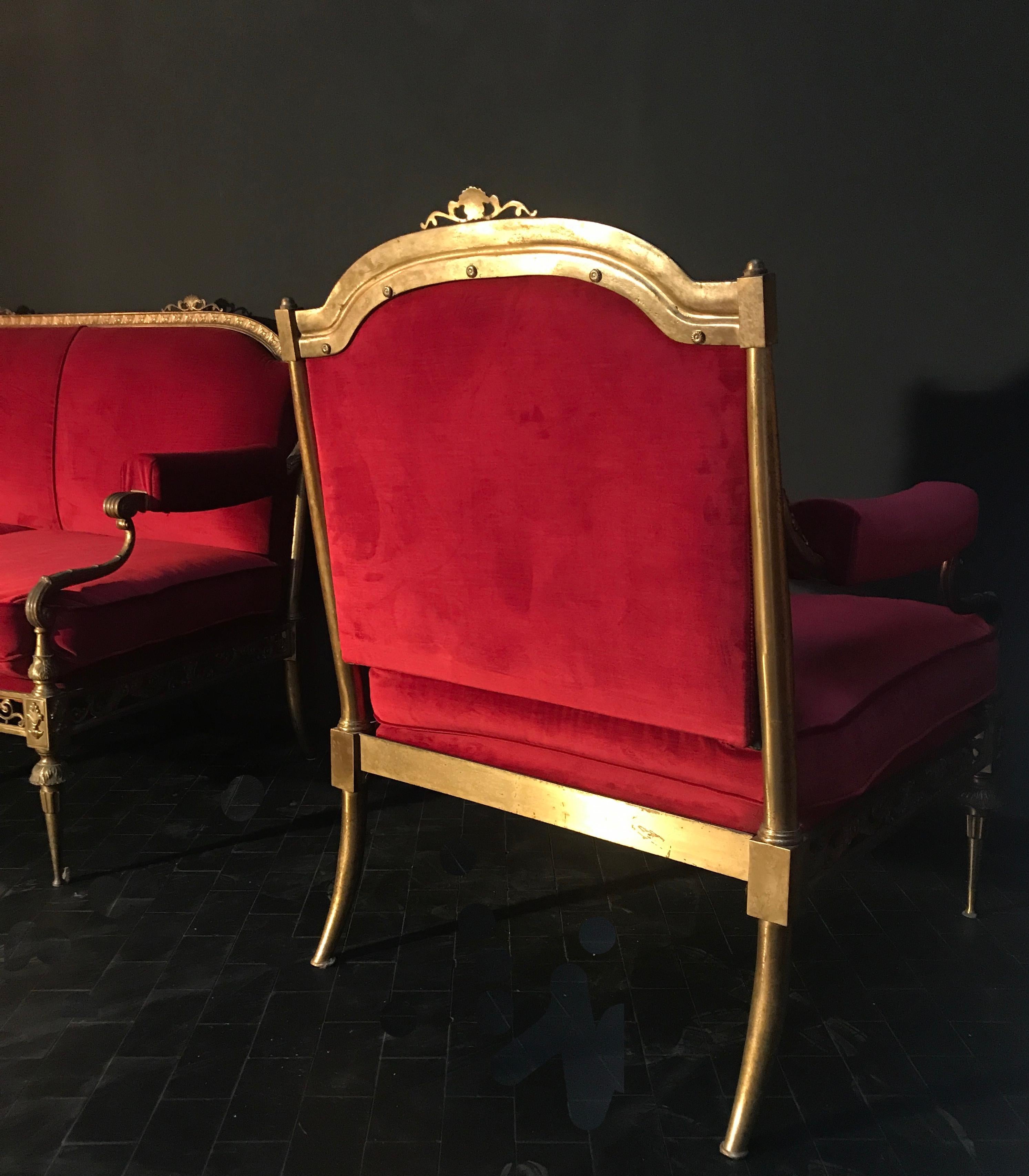 Outstanding Italian Midcentury Brass and Red Velvet Living Room Set, 1950 3