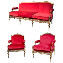 Outstanding Italian Midcentury Brass and Red Velvet Living Room Set, 1950