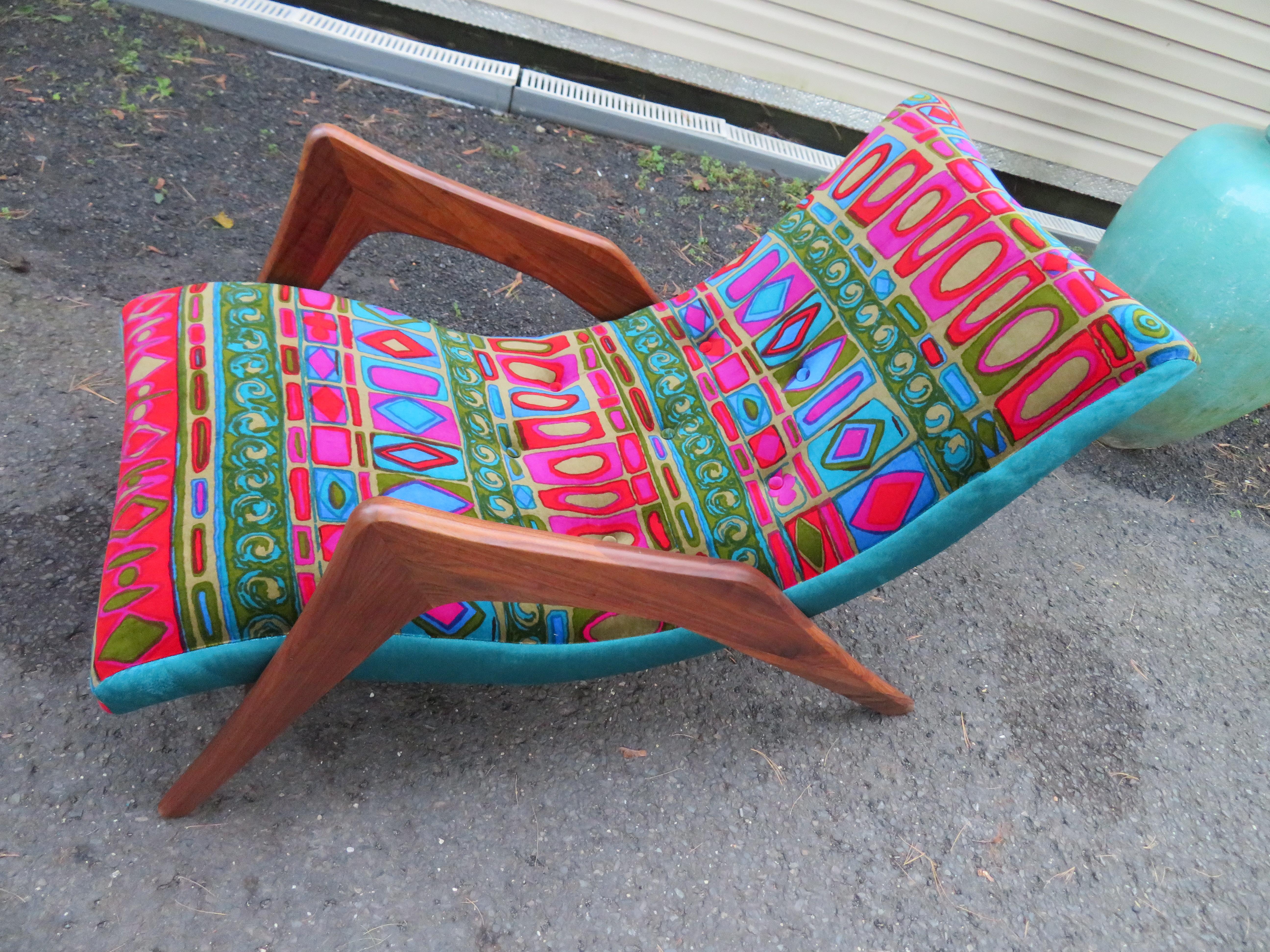 Outstanding Adrian Pearsall crescent lounge chair upholstered in Jack Lenor Larsen 