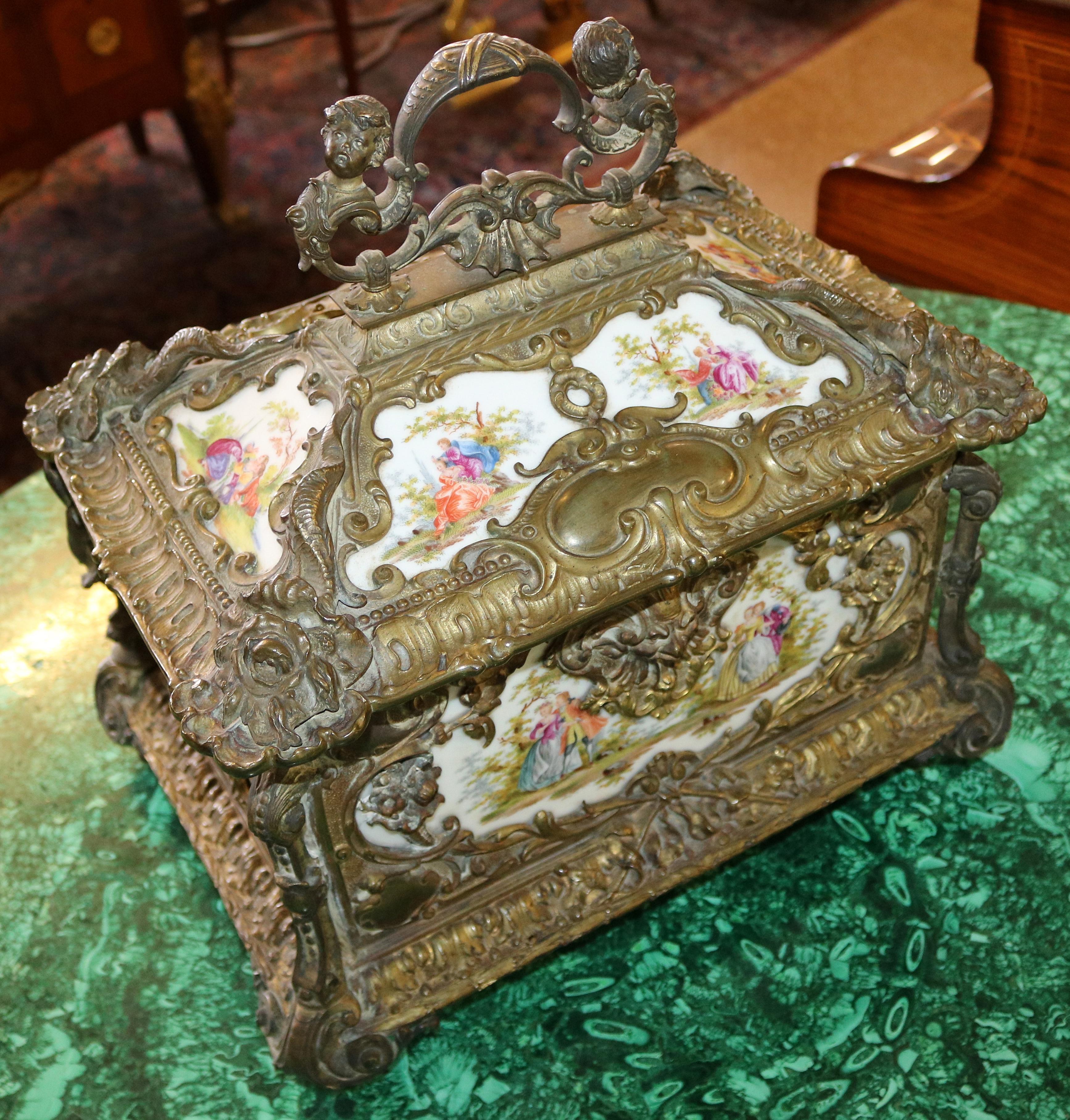 Outstanding Large 19th Century Bronze & Porcelain Jewelry Casket Box For Sale 3