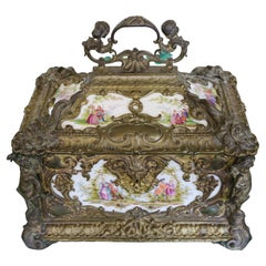 Outstanding Large 19th Century Bronze & Porcelain Jewelry Casket Box