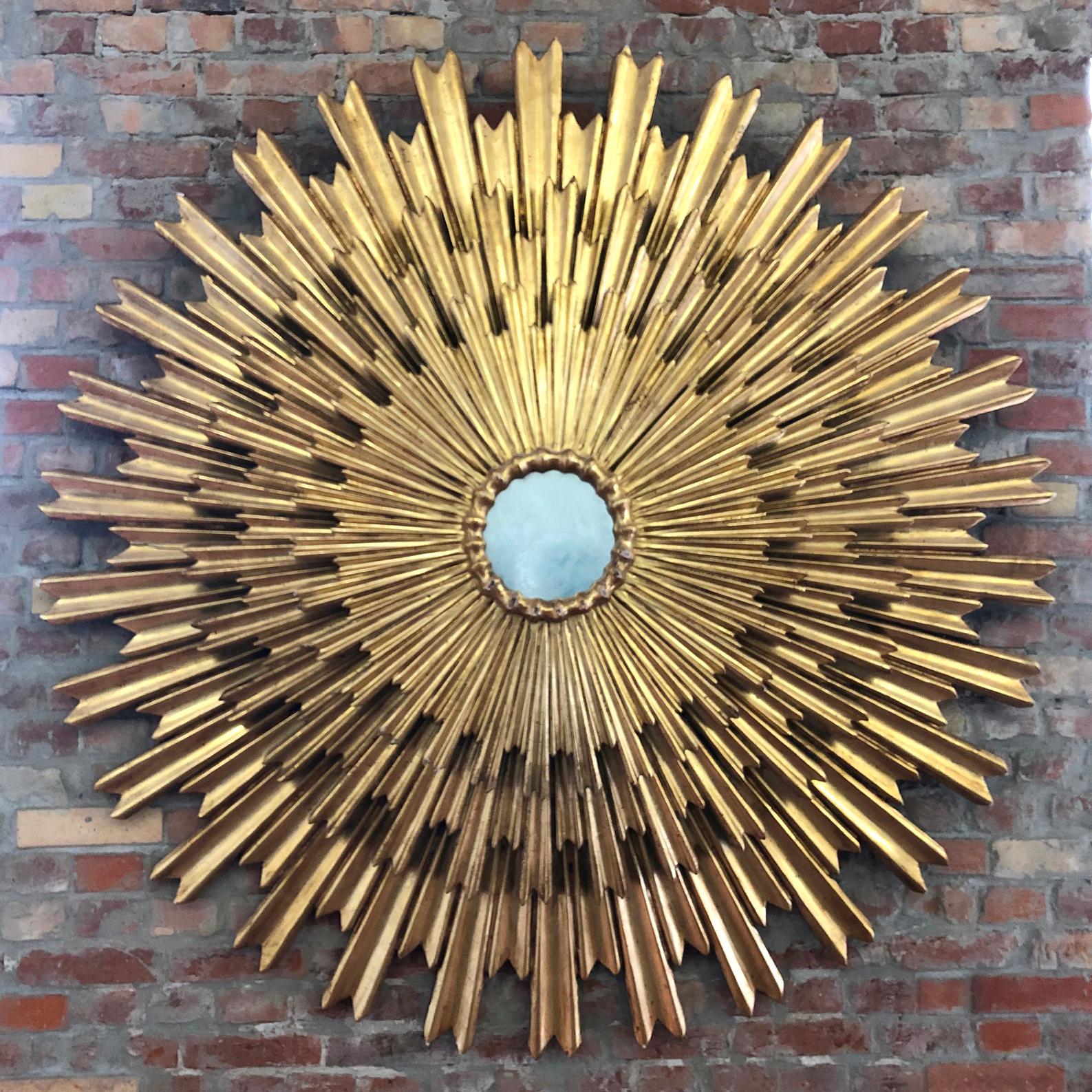 Outstanding Large Gilded Triple Layered Sunburst Mirror, Spain, 1950 For Sale 1