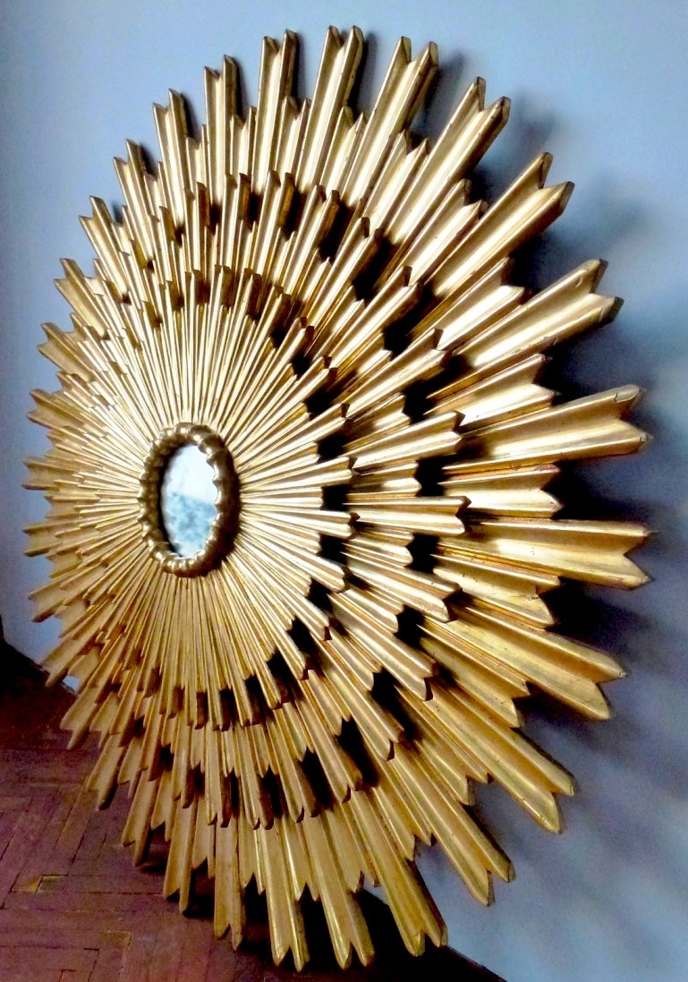 Mid-Century Modern Outstanding Large Gilded Triple Layered Sunburst Mirror, Spain, 1950 For Sale
