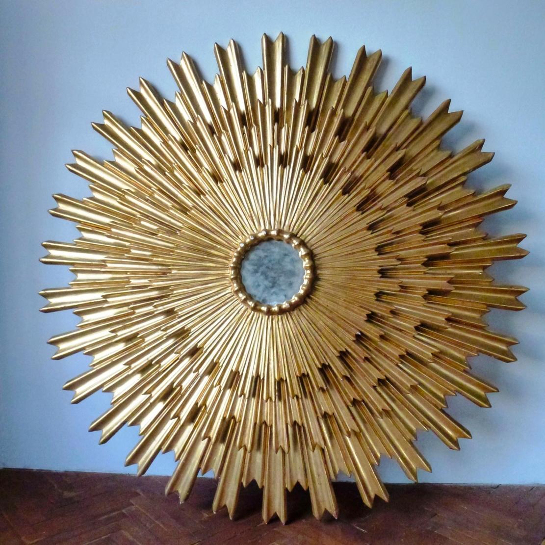 Spanish Outstanding Large Gilded Triple Layered Sunburst Mirror, Spain, 1950 For Sale