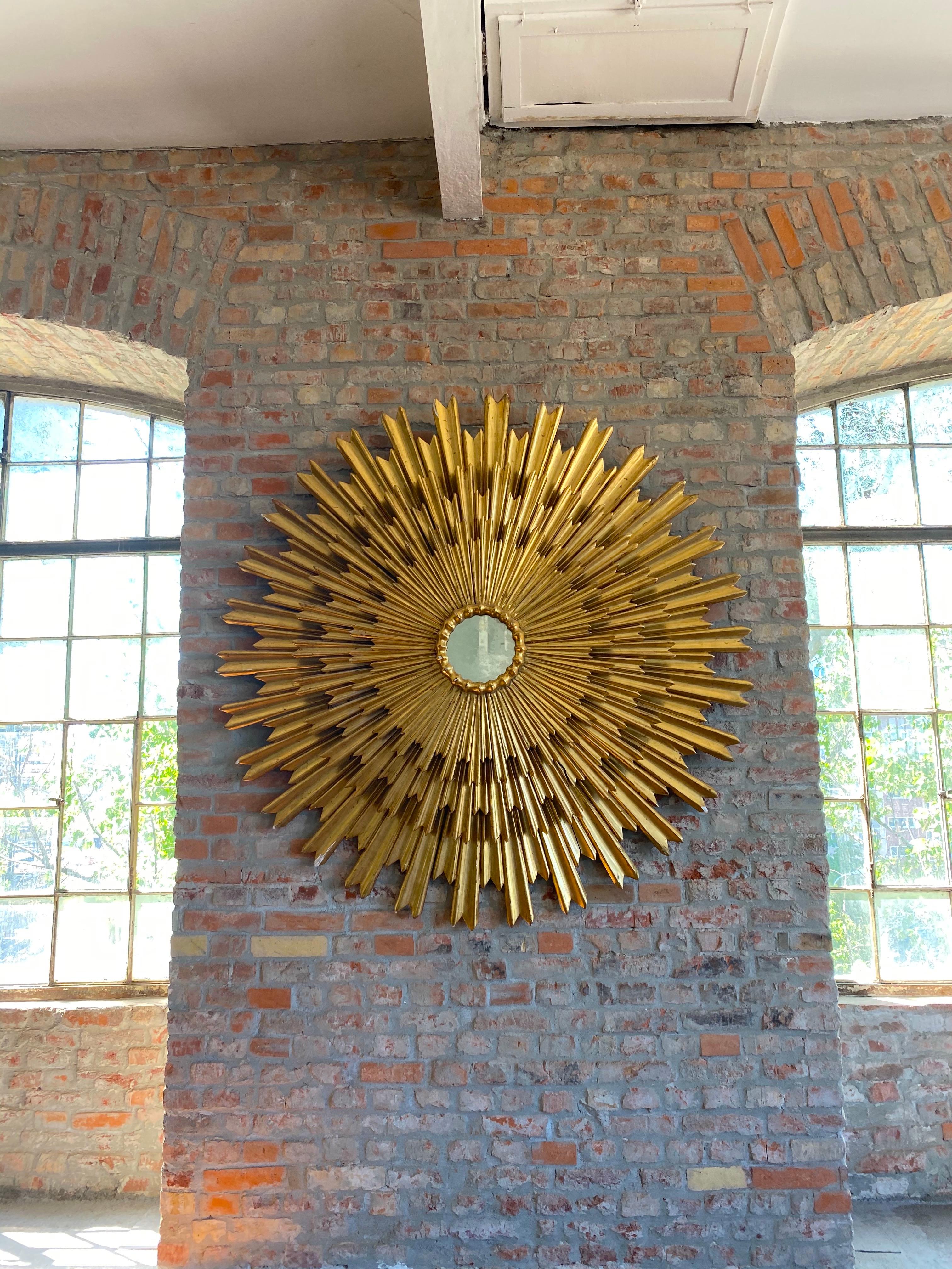 20th Century Outstanding Large Gilded Triple Layered Sunburst Mirror, Spain, 1950 For Sale