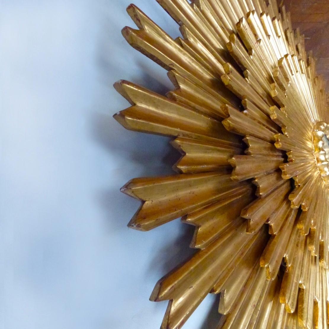 Wood Outstanding Large Gilded Triple Layered Sunburst Mirror, Spain, 1950 For Sale