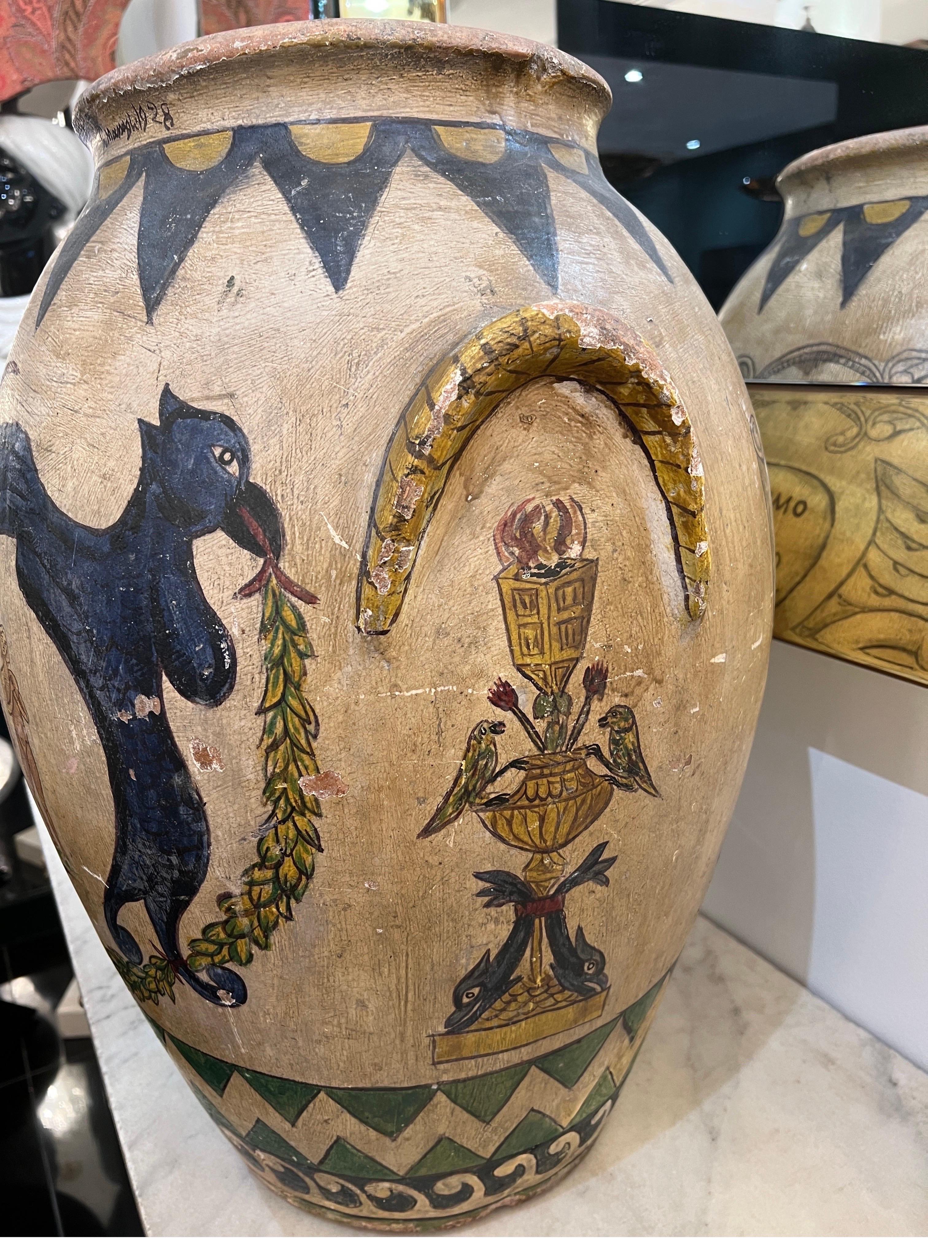 Italian Outstanding large hand painted terracotta urn  For Sale