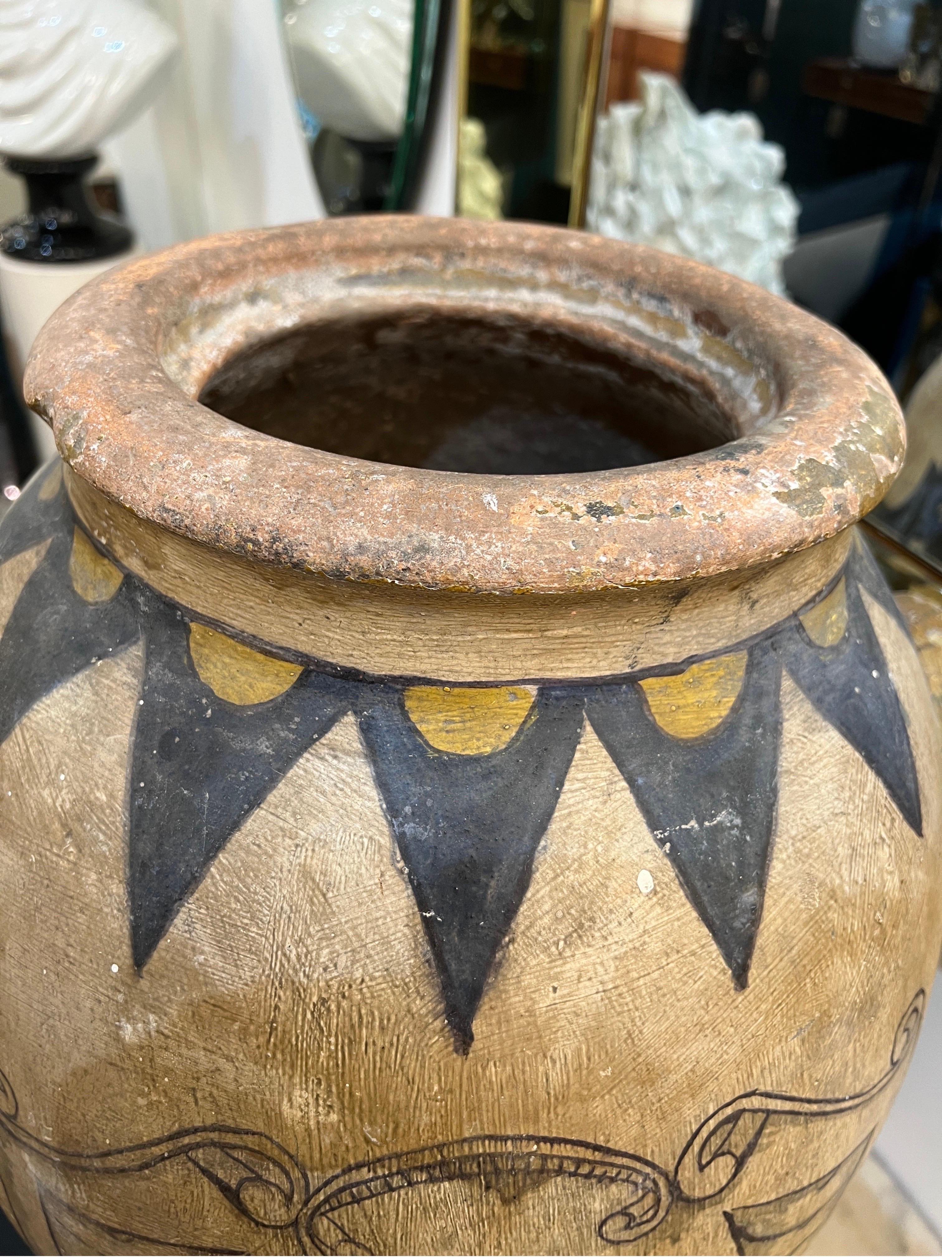 Fired Outstanding large hand painted terracotta urn 