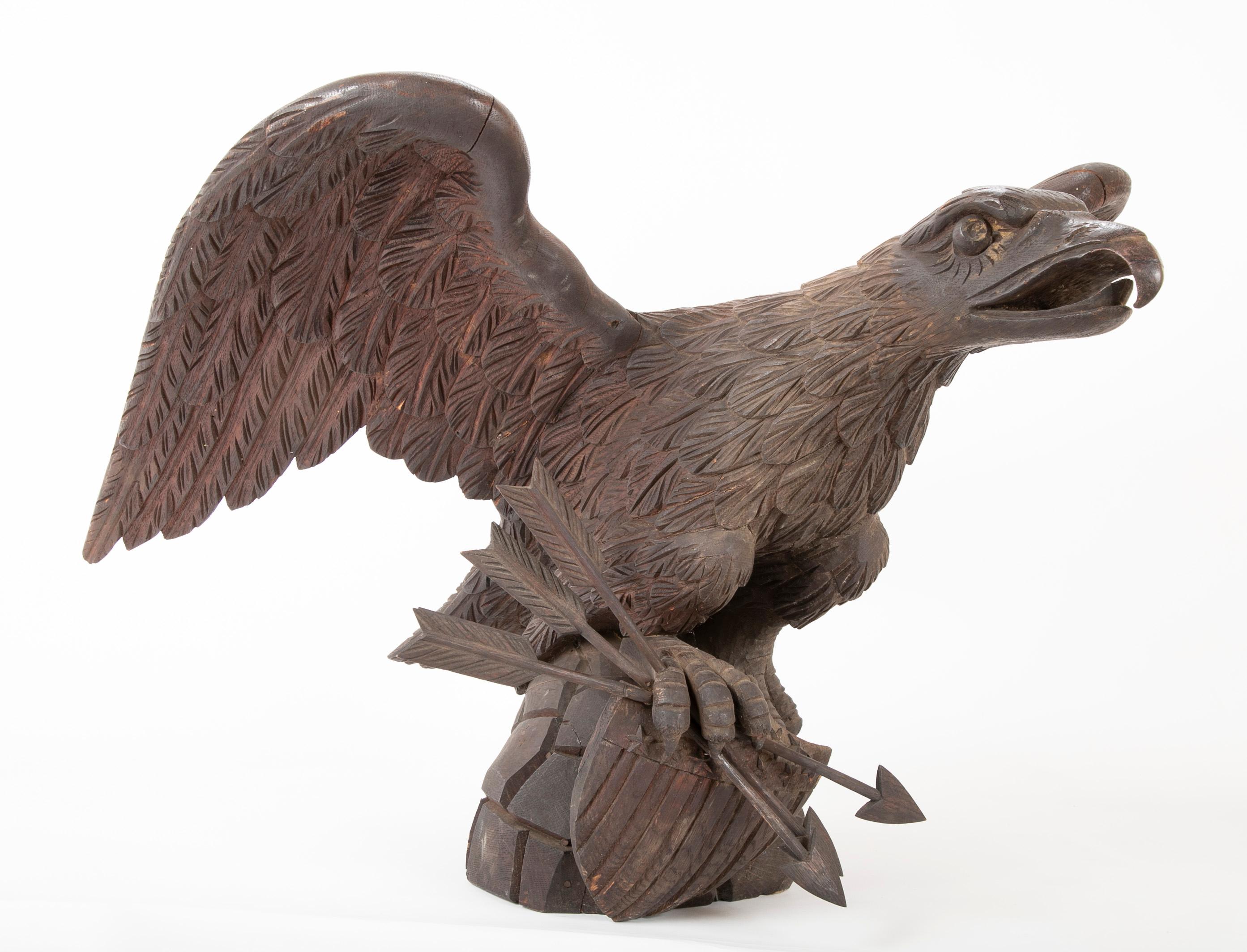 19th Century Outstanding Large Oak Carved Eagle Grasping Shield & Three Arrows For Sale