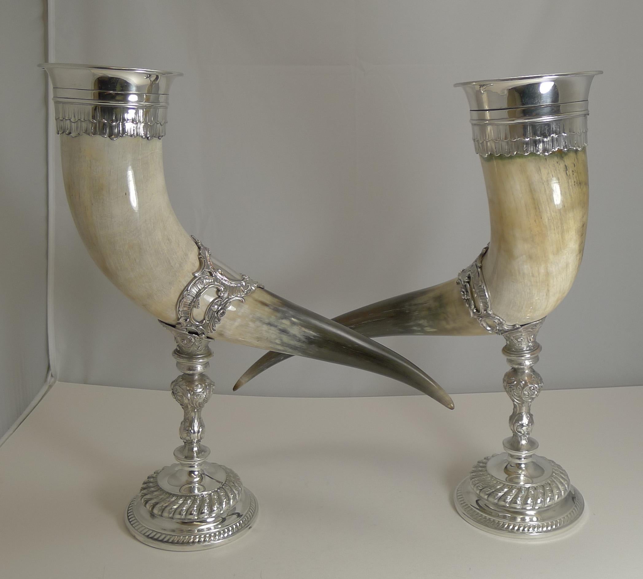 Edwardian Outstanding Large Pair of Horn and Silver Plate Cornucopia, circa 1900