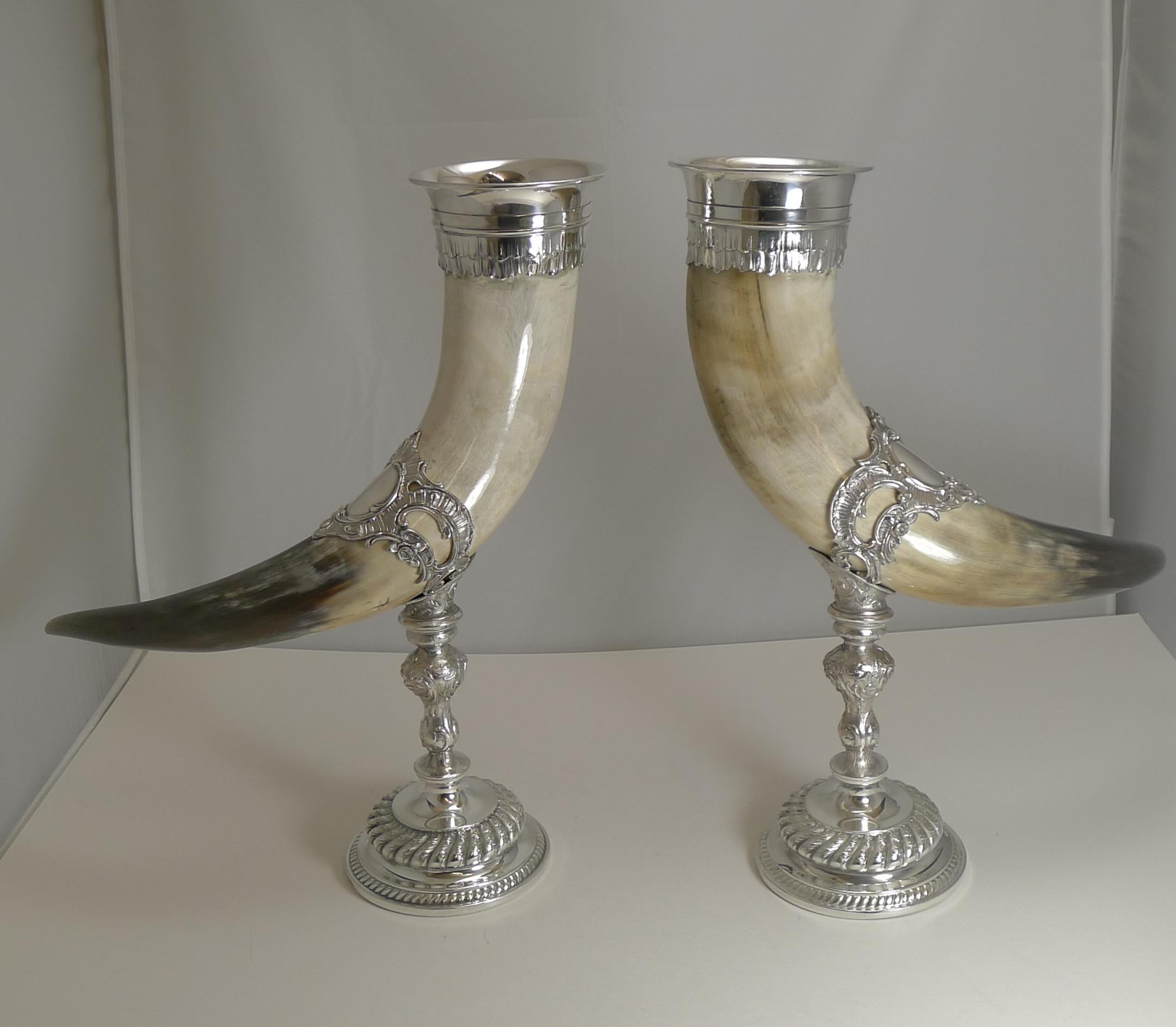 Outstanding Large Pair of Horn and Silver Plate Cornucopia, circa 1900 In Good Condition In Bath, GB