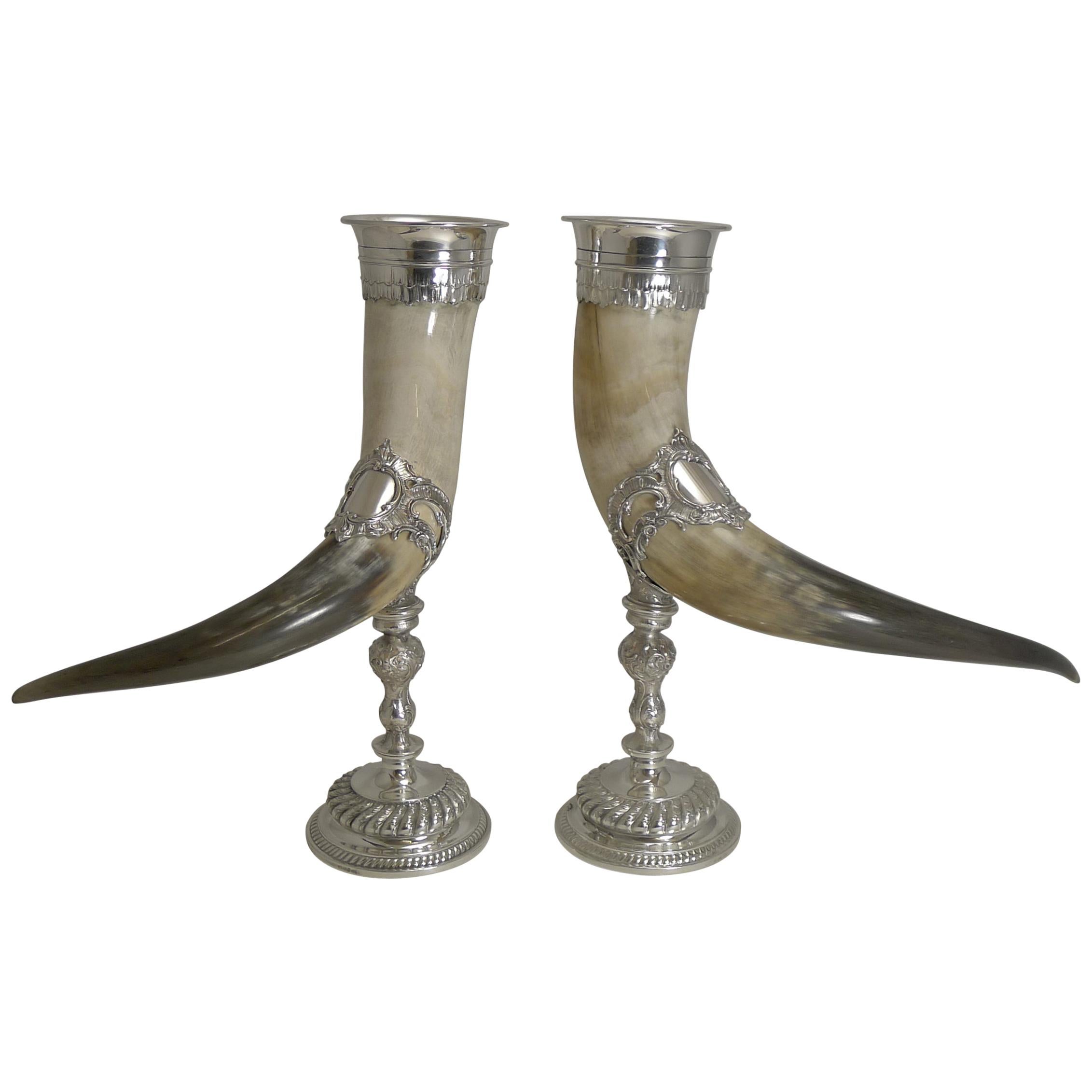 Outstanding Large Pair of Horn and Silver Plate Cornucopia, circa 1900