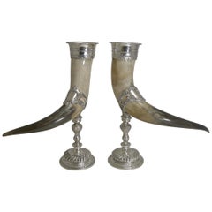 Antique Outstanding Large Pair of Horn and Silver Plate Cornucopia, circa 1900