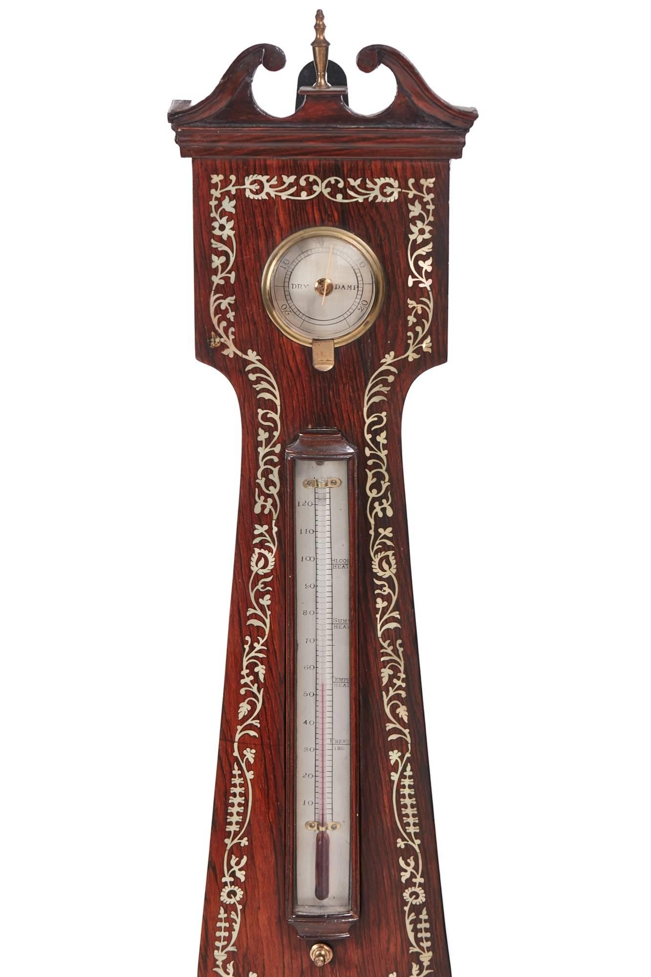 Outstanding Large Rosewood Inlaid Mother-of-Pearl Banjo Barometer In Excellent Condition In Stutton, GB
