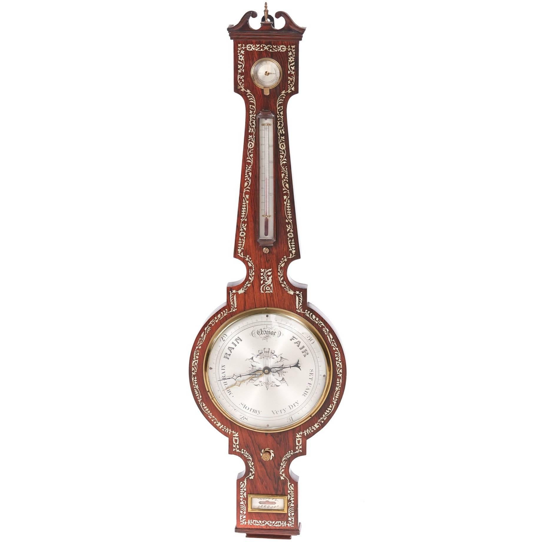 Outstanding Large Rosewood Inlaid Mother-of-Pearl Banjo Barometer