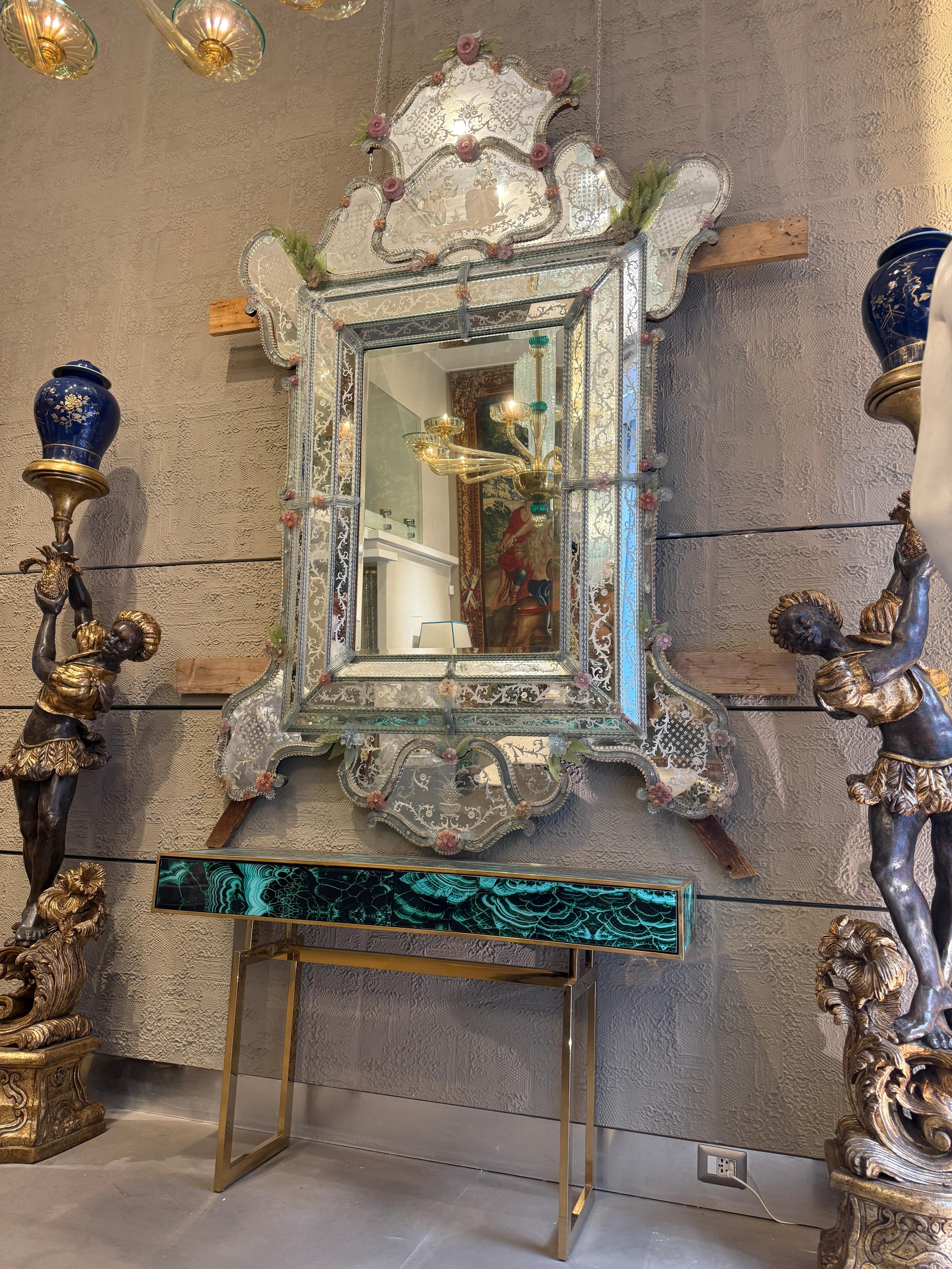 Gran veneciana excepcional  Espejo de cristal de Murano Vidrio soplado en venta