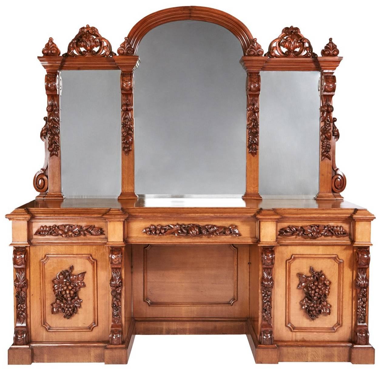 Outstanding Large Victorian Carved Oak Mirror Back Sideboard For Sale