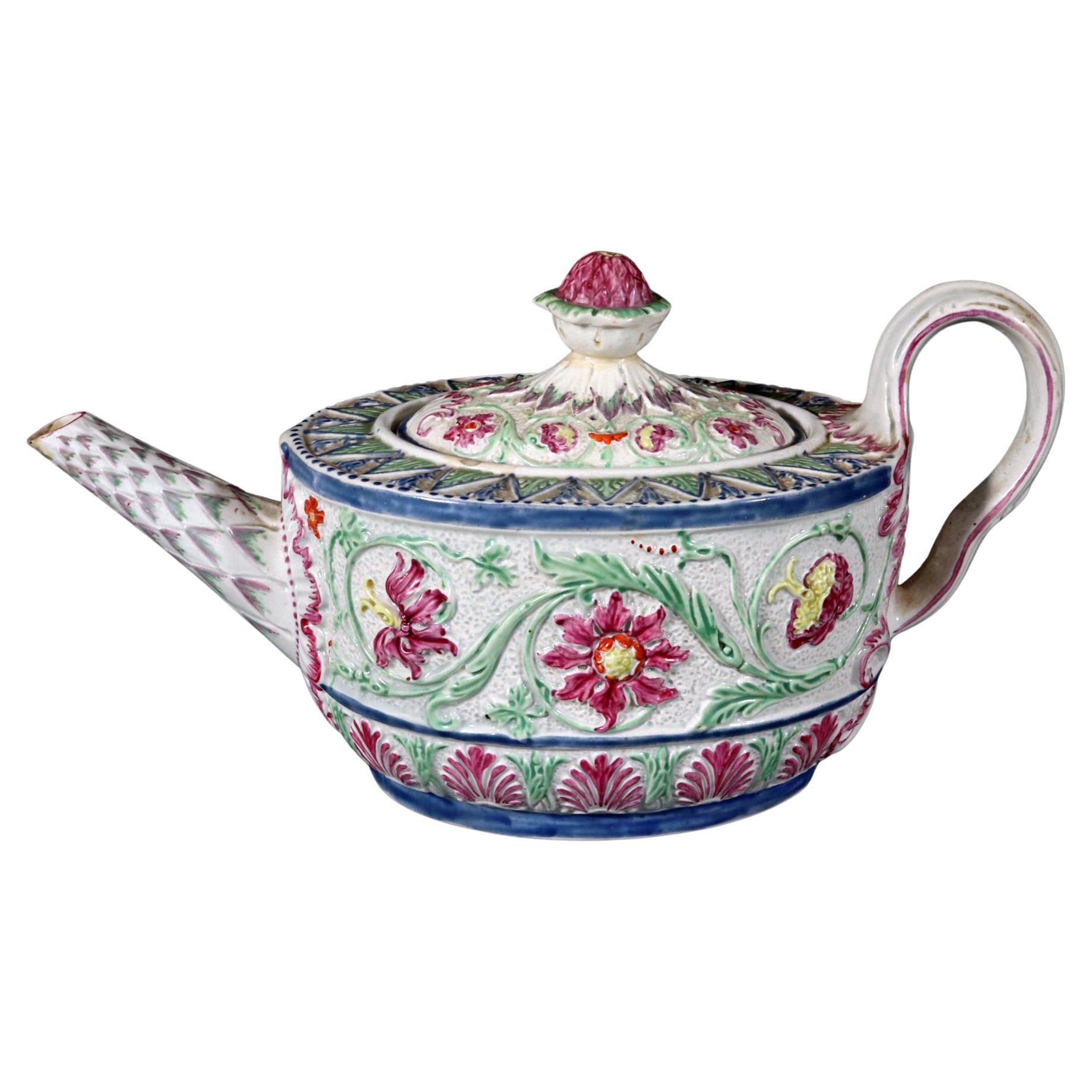 Outstanding Molded Painted Pearlware Teapot & Cover, Possibly Wilson For Sale