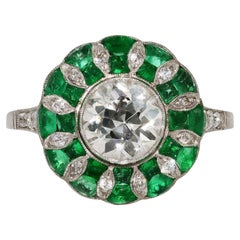 Outstanding Old European Diamond Emerald Art Deco Style Engagement Ring