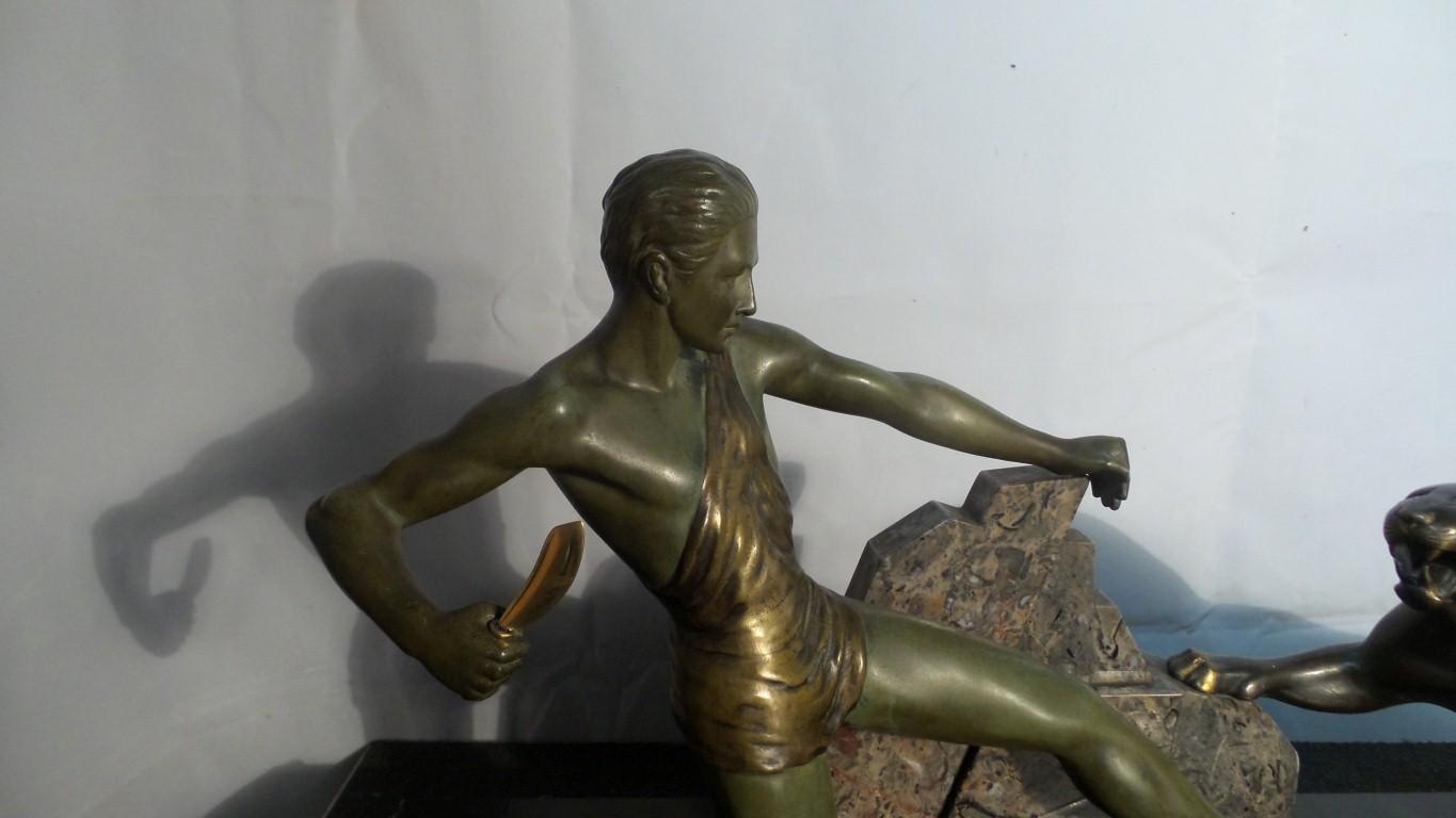 French Outstanding Original Art Deco Bronze Study of Hunter and Panther by J Brault