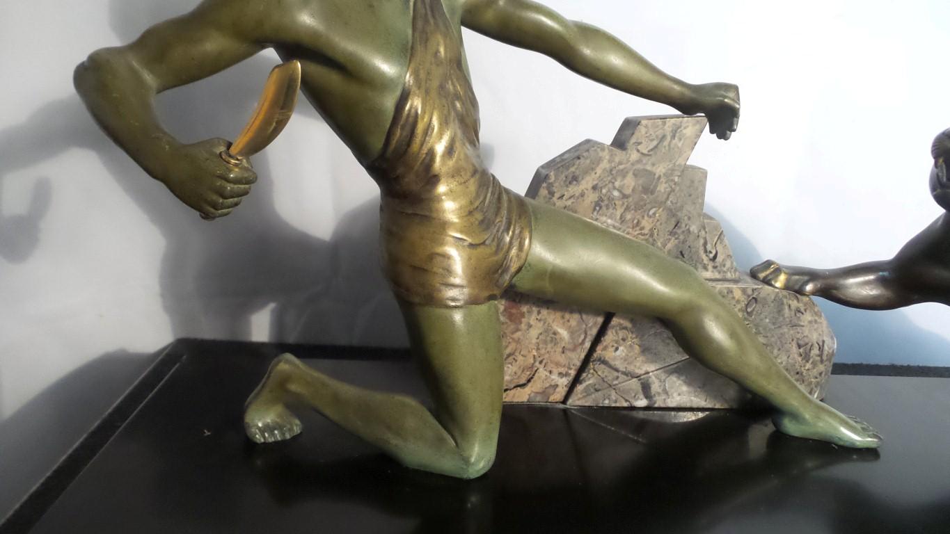 Fired Outstanding Original Art Deco Bronze Study of Hunter and Panther by J Brault