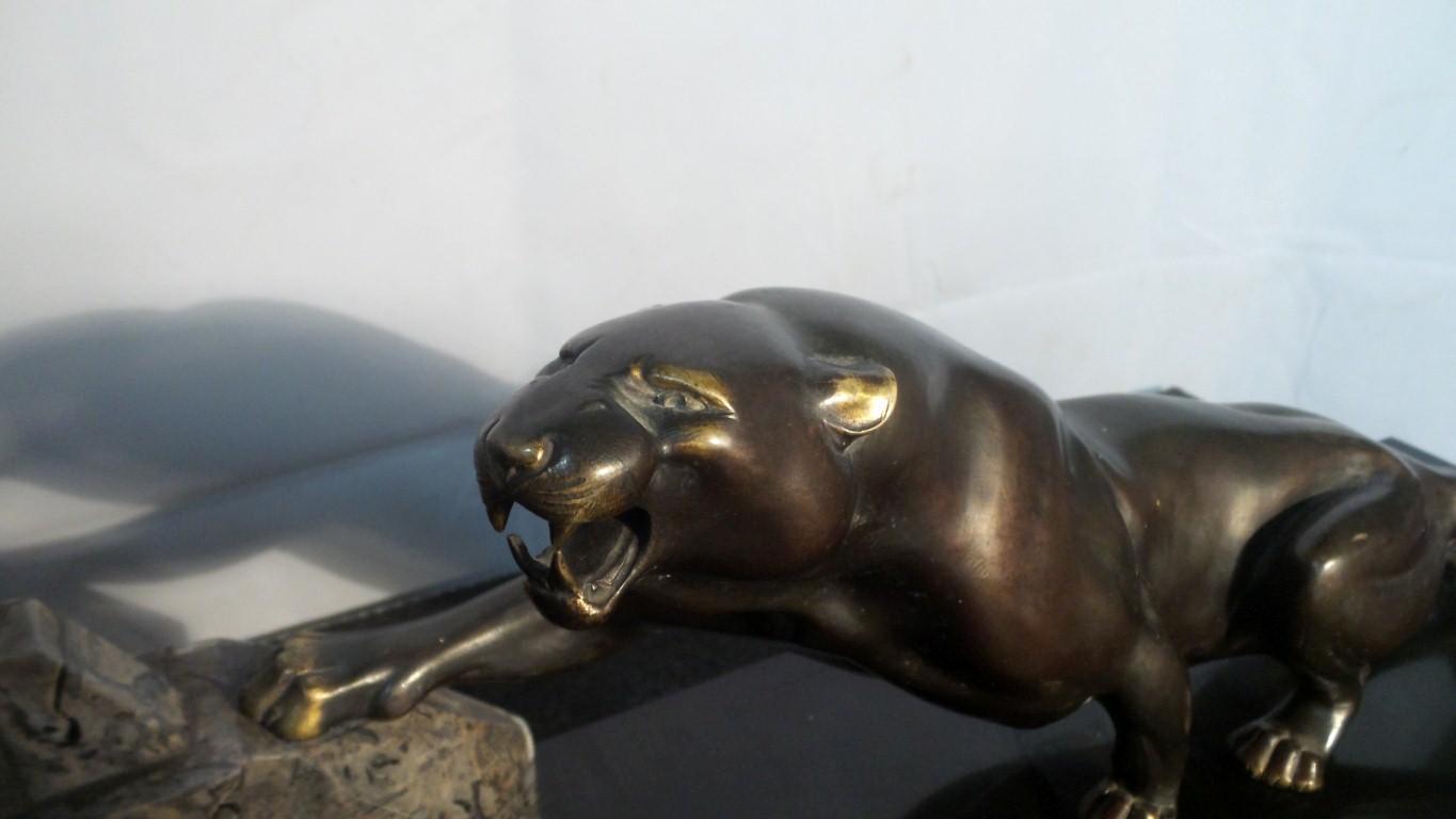 20th Century Outstanding Original Art Deco Bronze Study of Hunter and Panther by J Brault
