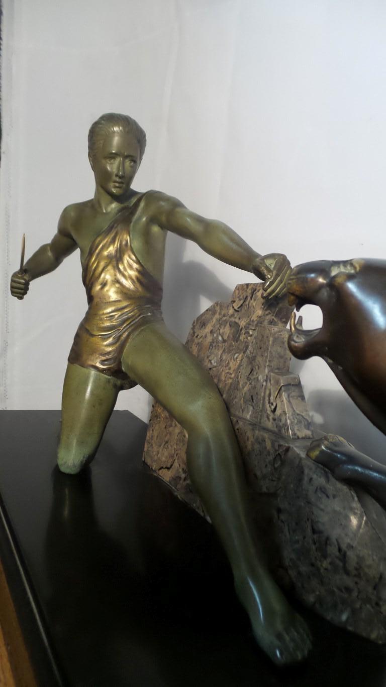 Outstanding Original Art Deco Bronze Study of Hunter and Panther by J Brault 3
